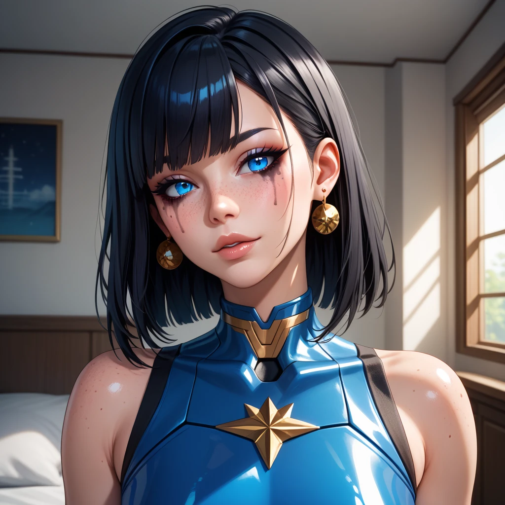 1 robot girl, Japanese, 4k, robotic limbs, soft skin, texturized skin, long whavy black hair with bangs, shiny dark blue eyes, shining red lips, natural makeup, freckles, round gold earings, emotionless face, in a apartment, morning lighting, bright colors, looking directly to the viewer, shoulders up.