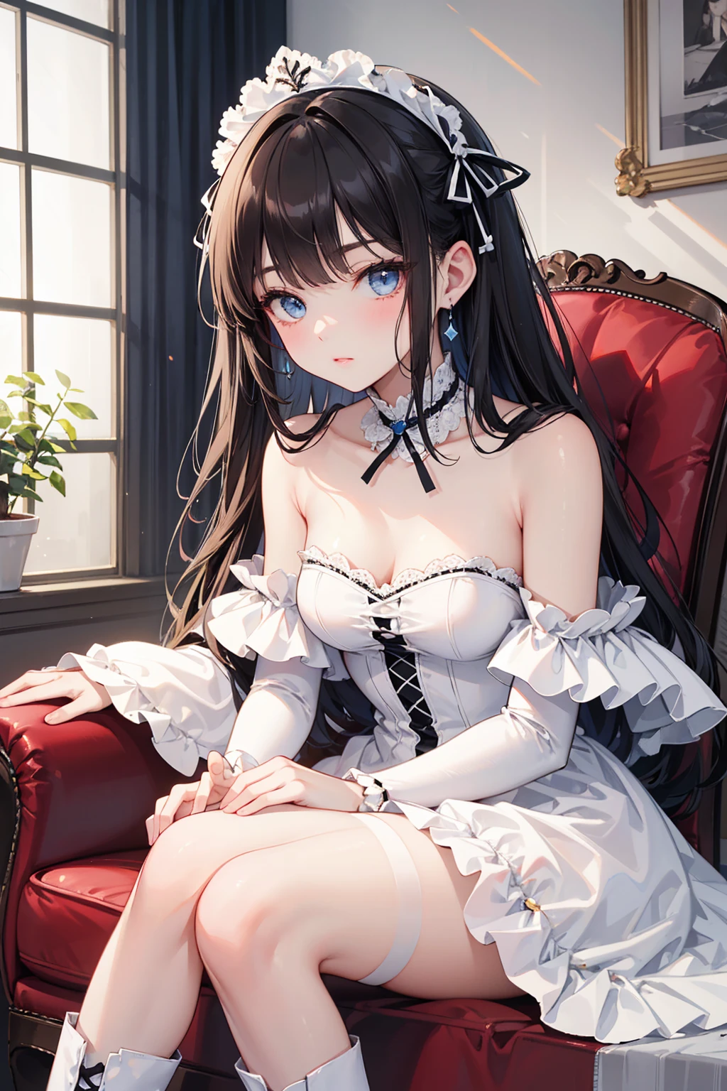 (Image riche, masterpiece quality) art exquis 8K CG, Goddess posture, Mouvement du genou, peau fine et douce, Belle translucide, beaux cheveux noirs, Aesthetic form of fusion of medium-long hair and messy hair, peau claire et juteuse, gros seins uniforme JK, Perspective Partie 1,2x improved silhouette effect, Delicate pajamas transparent blue pattern, Intricate and exquisite details, slightly blurred background, Charming and lascivious temptation to open your legs, jaillissement de salive.
