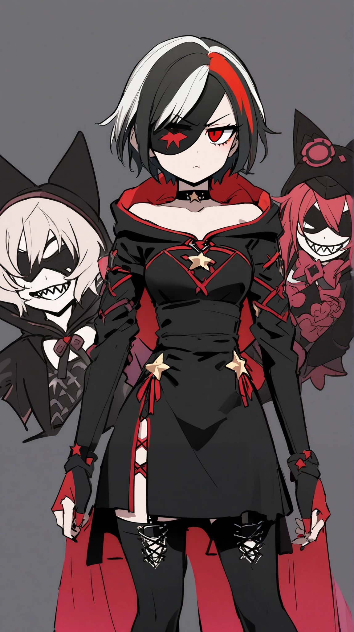 (((Highest Quality))), (Simple background), 1girl, standing, Happy, lifeless eyes, eyebags, jitome, scornful eyes, ,shark teeth short Hair, multicolored hair, magical girl, villain, evil, annoyed look, slit dress, ninja, kunoichi, hood on, hood, intricate clothes, gothic fashion, punk fashion, long gloves, stockings, black choker, red eyes, star (symbol), character reference