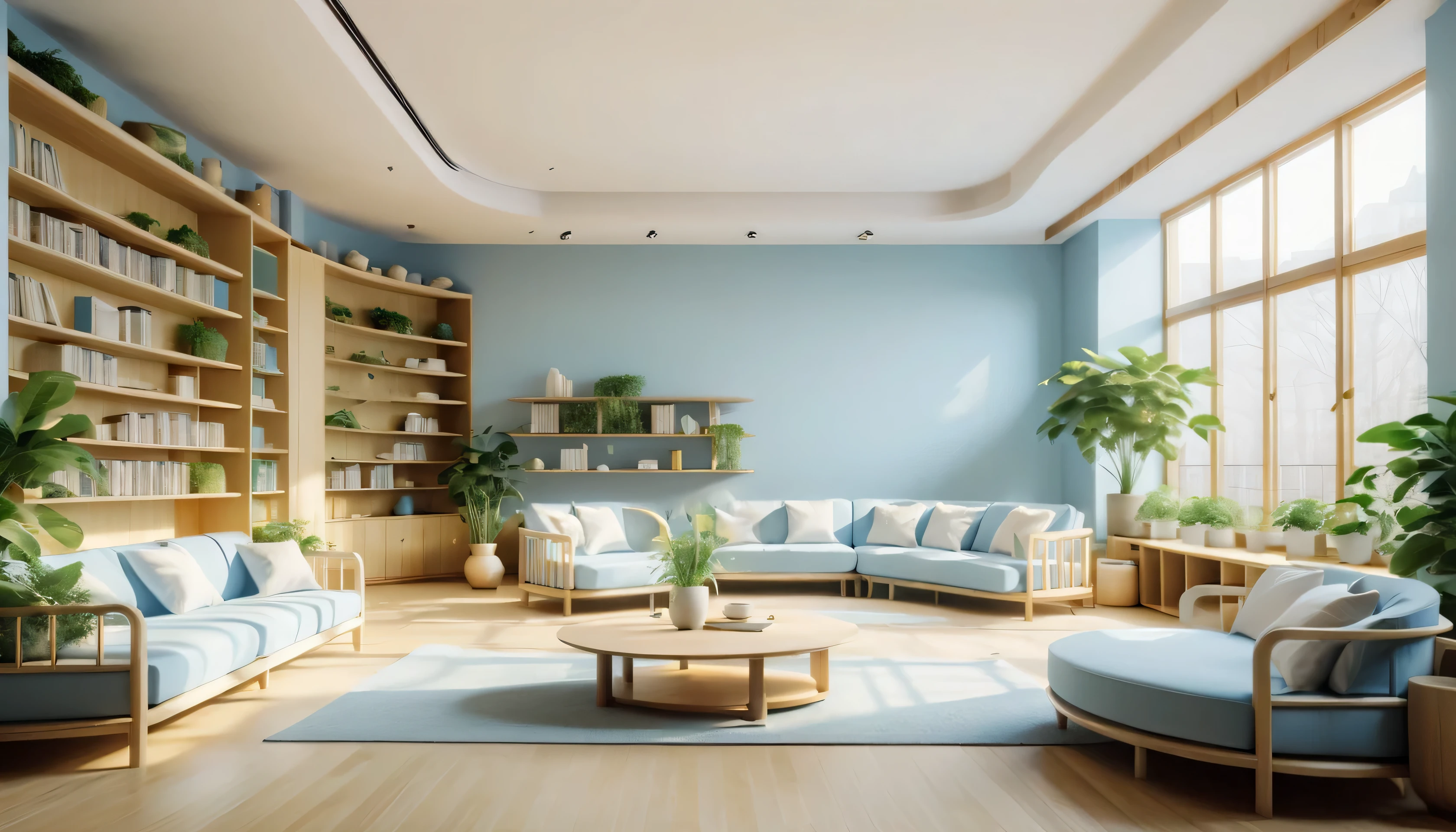 The warm Nordic-style room is decorated with light blue, white, and light yellow as the main colors. Chinese-style wooden arc-shaped bookshelves are lined with green plants, Nordic brown sofas, coffee tables, showing ultra-high-definition image effects under natural light. The huge floor-to-ceiling windows with a fresh and bright background overlook the central axis of the modern city. They are designed using software such as Blender, Octane Renderer, and C4D.