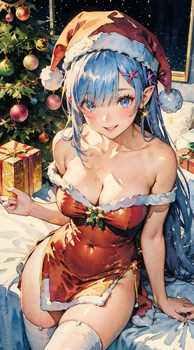 some beautiful blue-skinned elf girls with delicate sapphire hair, ice blue eyes in a red and green bikini, playing in the snow (tossing snowballs, building snow women, splashing snow at one another) outside Santa's workshop on a starry night, lots of Christmas decorations, gingerbread and gum drop elf cabins, ultra-realistic, 8k, highly detailed, masterpiece, volumetric lighting, photorealistic, intricate, elegant, ethereal, whimsical, fantasy, soft warm lighting