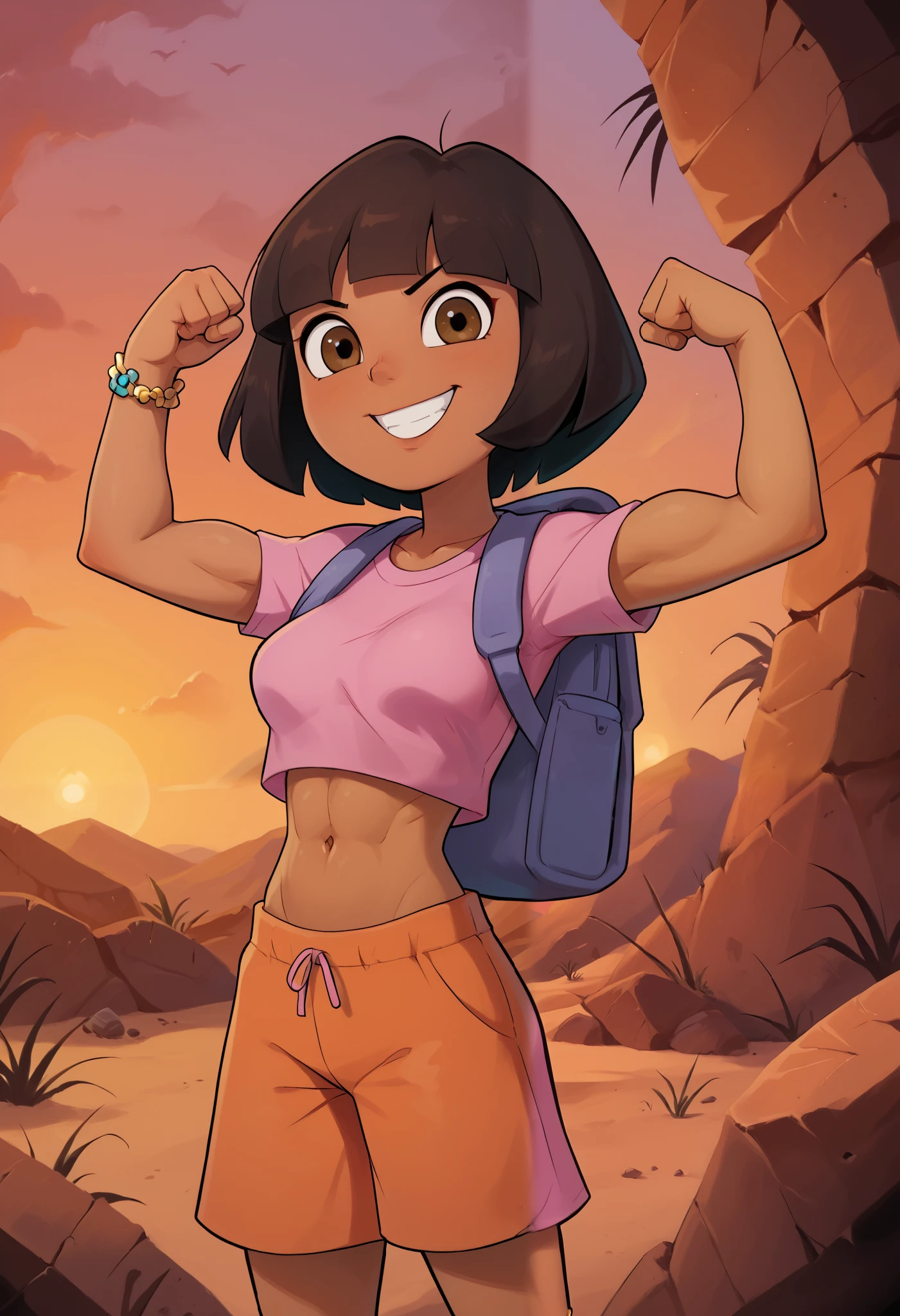  solo, From the front, symmetrical composition, cute, evil grin, flexing, (skinny arms), one hand on arm, medium breasts, Dora,  brown eyes, sunset, desert ruins, dark-skinned female, bob cut, (pink shirt), crop top, bare midriff, loose shirt, (orange shorts), bracelet, backpack, (slender athletic body),