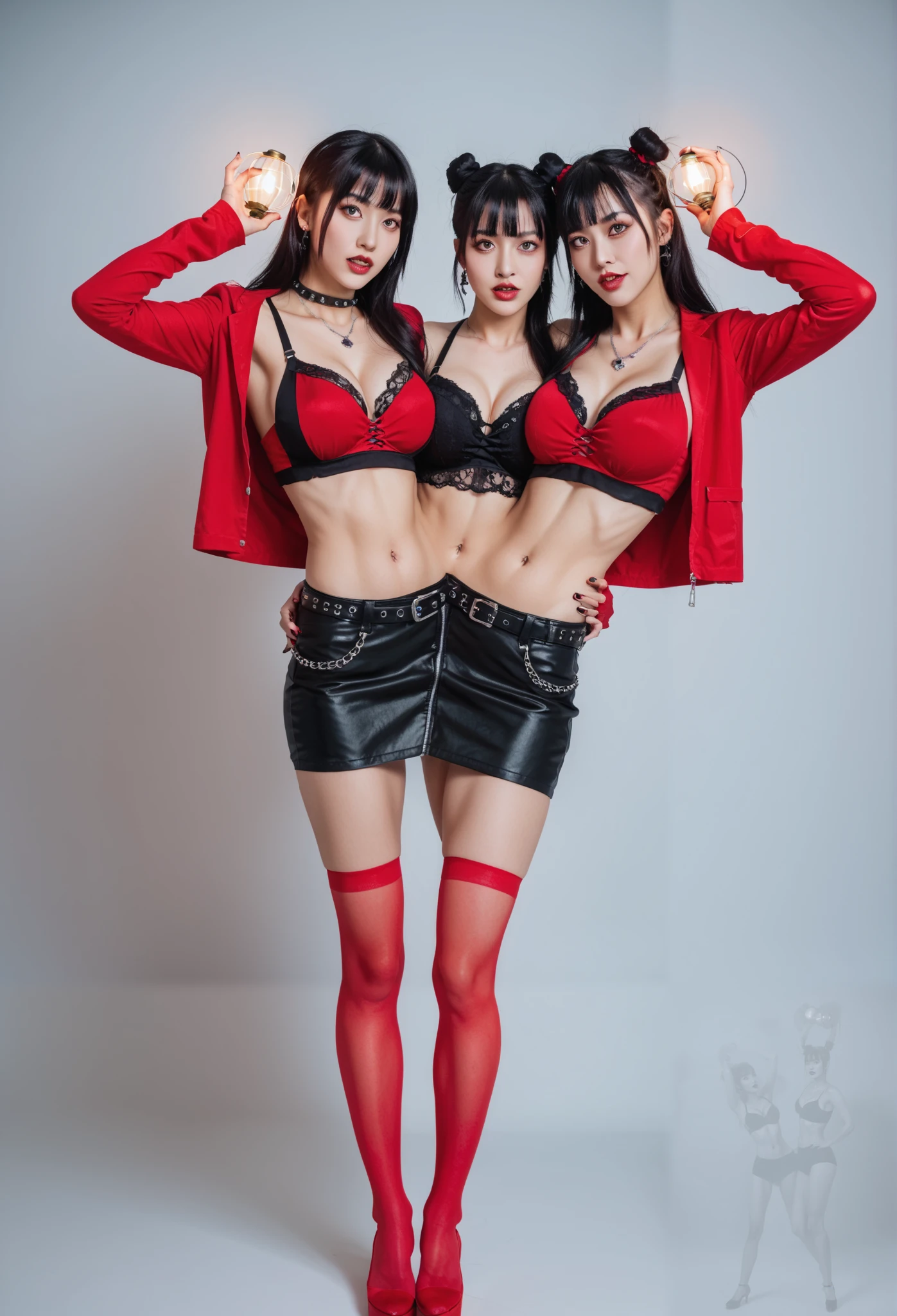 Vampire idol in punk gothic style.、 2 heads, asian woman with two heads, conjoined, big and full breasts 、beautiful foot、 midriff、、good style、、、Gothic punk ****ta black and red fashion（、a miniskirt）、、、Black hair with red mesh .、long hair, absolutely enchanting {x}、fresh expression、 Illuminated by a red bulb , united_dicephalus , posing