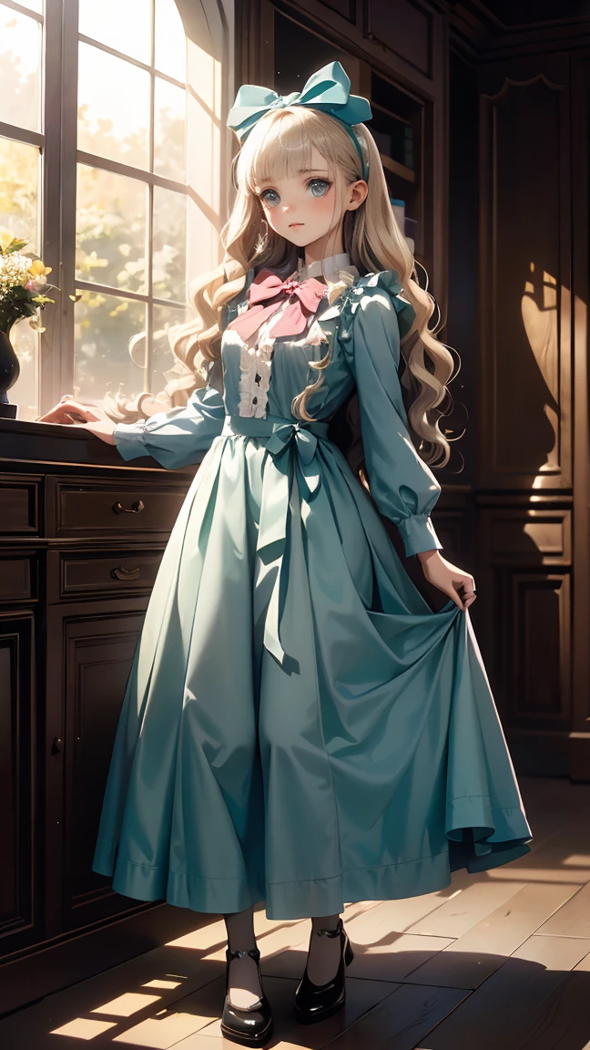 young blonde, Long wavy hair Green eyes with honey highlights Victorian era dress