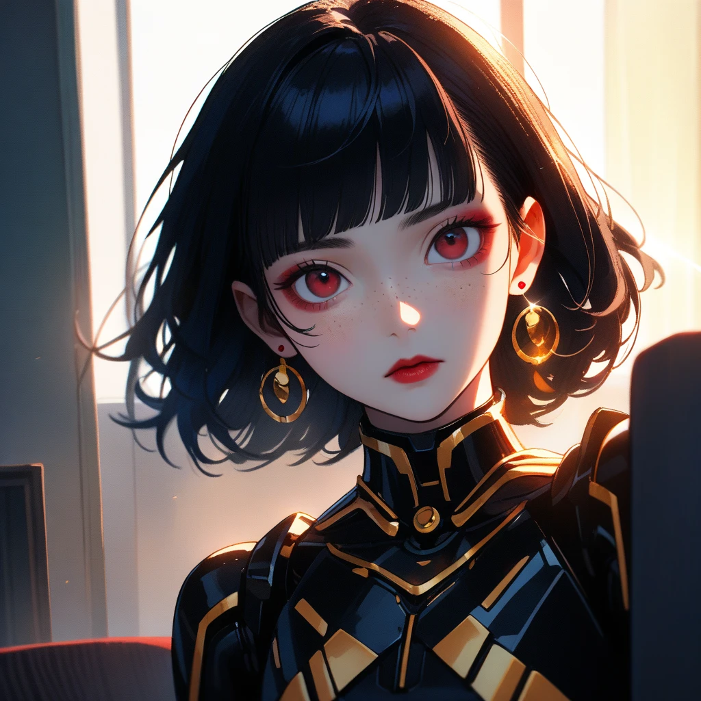 1 robot girl, Japanese, 4k, robotic limbs, 24 years old, soft skin, texturized skin, long whavy black hair with bangs, shining red lips, natural makeup, freckles, round gold earings, emotionless face, in a apartment, morning lighting, bright colors, looking directly to the viewer, shoulders up.