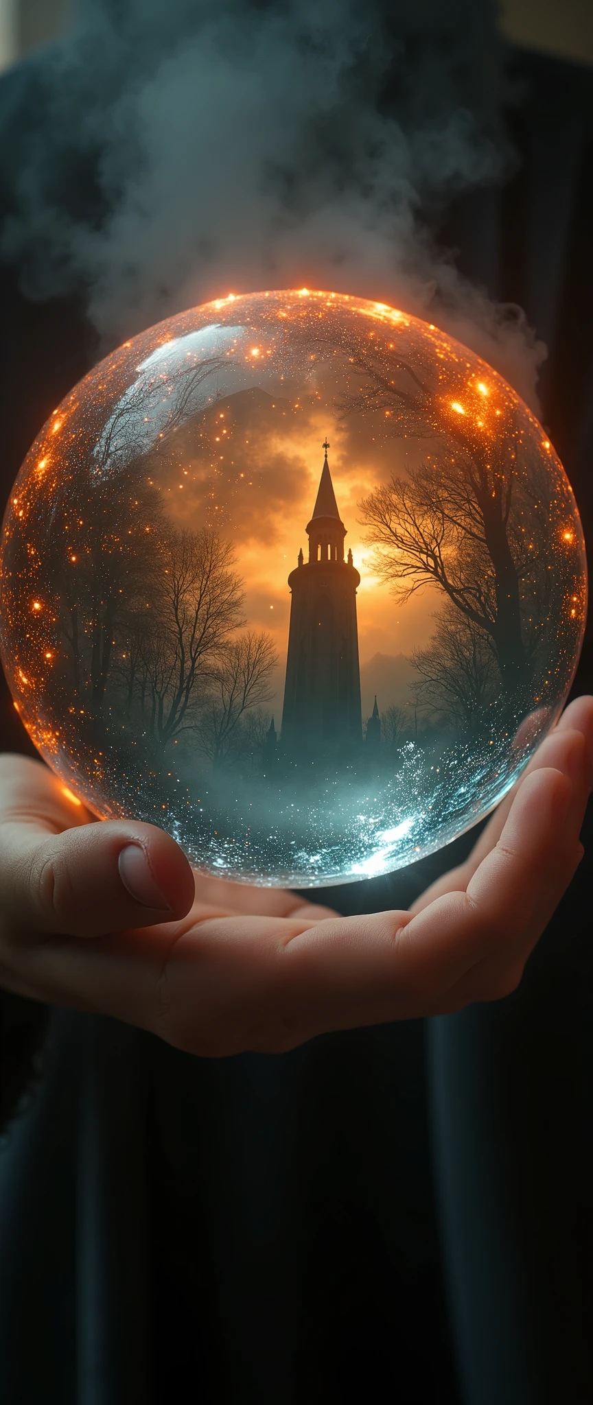 Super close up of a huge flaming crystal ball ,( A dark tower shrouded in deep fog is dramatically reflected inside the crystal ball:2.0),(The Old Wizard's Room ), fantasy world ,( A wizard woman is putting her hands on a crystal ball:2.0)