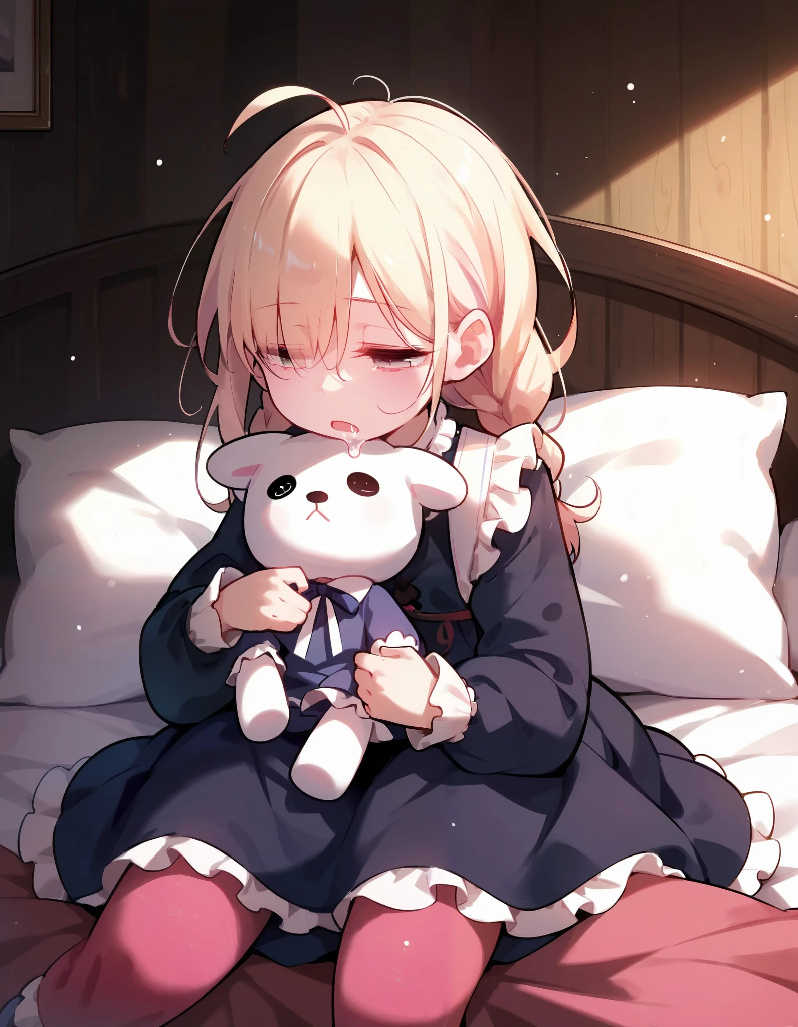 score_9,score_8_up,score_7_up, masterpiece,ultra-detailed CG illustration,top quality, best quality, bedroom,1girl,solo, ahoge,frilled socks,  stuffed toy, expressionless, long hair, open mouth, :<,:d, braid, bangs, sitting on bed, long sleeves, wide sleeves, dress,half-closed eyes, sleepy,saliva,messy hair, hair over face, pale skin,shiny skin, sleepy bubbles, holding doll, medieval,half-closed eyes, hands in sleeves,biting doll,petite