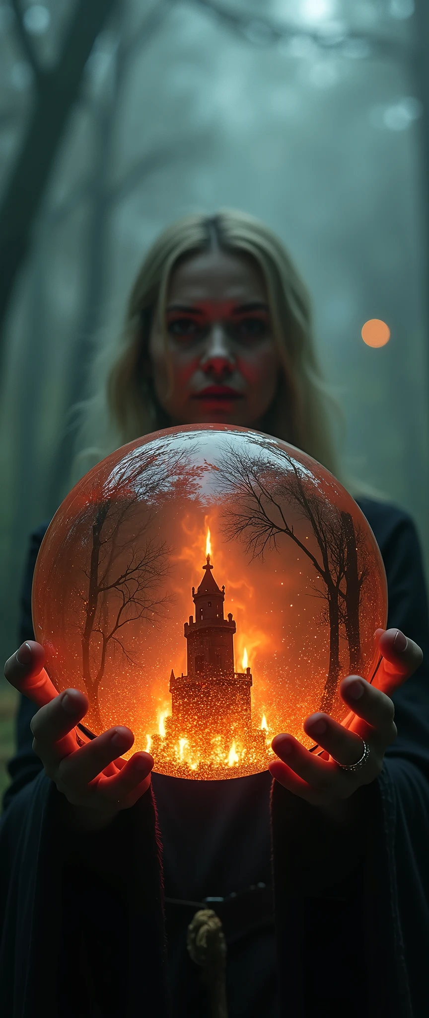 Super close up of a huge flaming crystal ball ,( A dark tower shrouded in deep fog is dramatically reflected inside the crystal ball:2.0),(The Old Wizard's Room ), fantasy world ,( A wizard woman is putting her hands on a crystal ball:2.0)