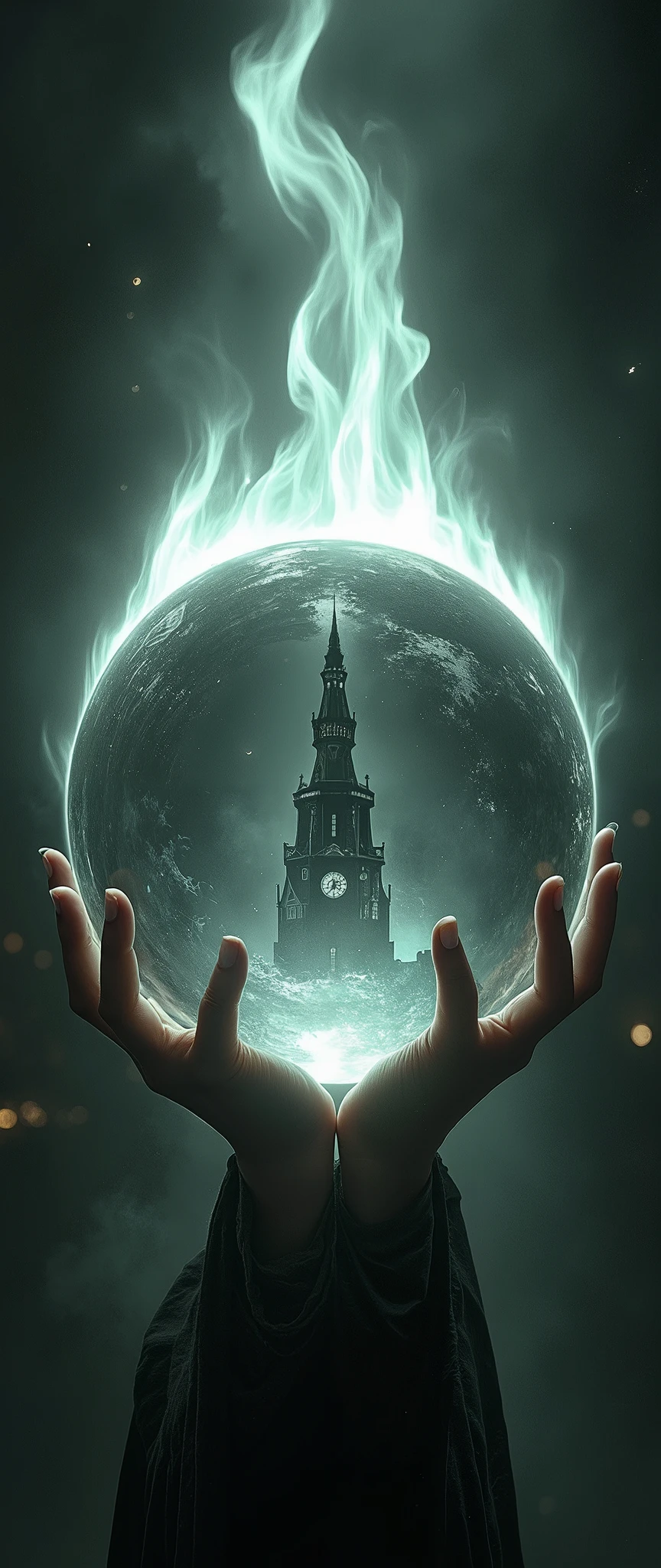 Super close up of a huge flaming crystal ball ,( A dark tower shrouded in deep fog is dramatically reflected inside the crystal ball:2.0),(The Old Wizard's Room ), fantasy world ,( A wizard woman is putting her hands on a crystal ball:2.0)