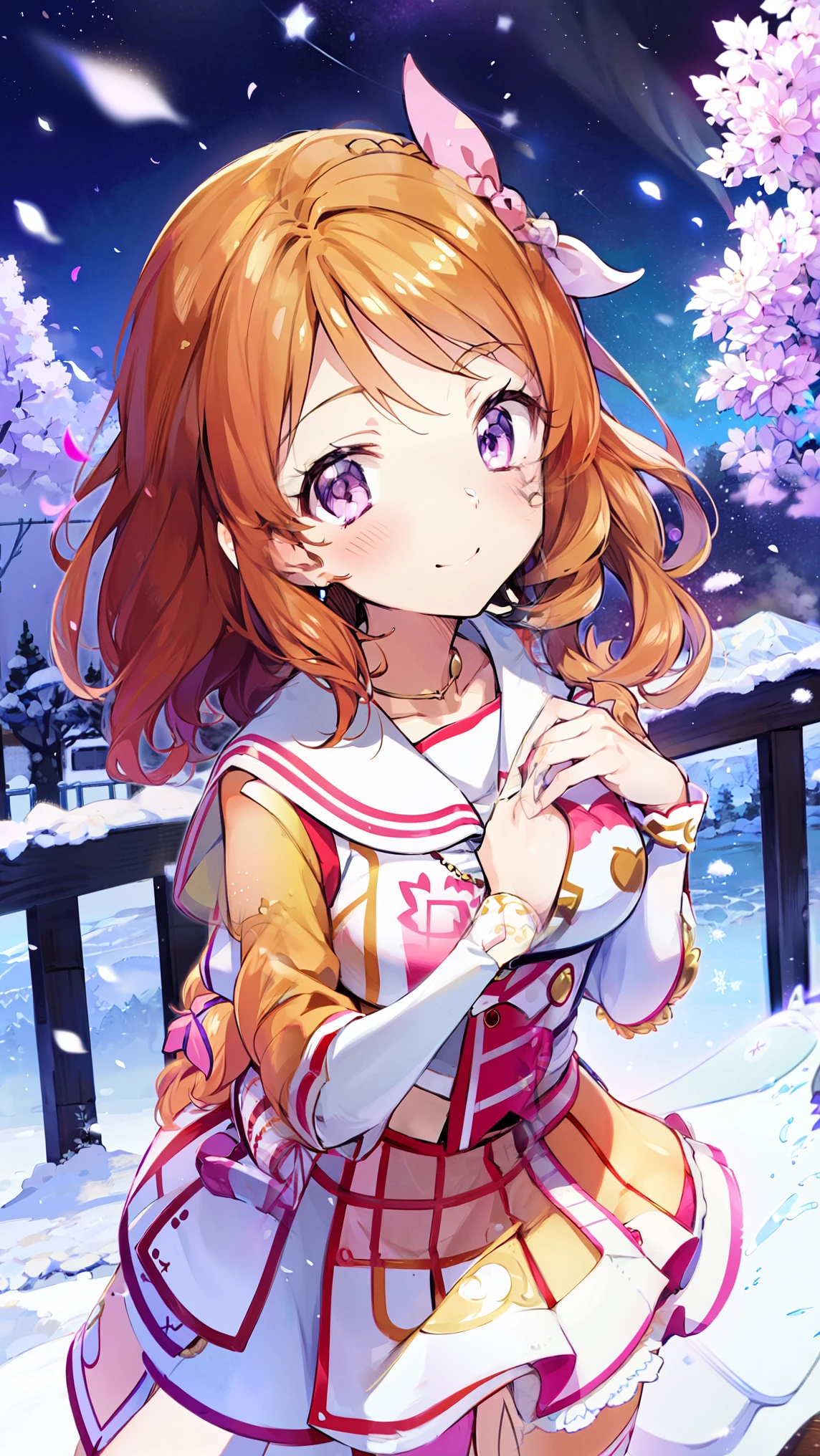  orange hair，One person， pink ribbon，Akari Ozora，((masutepiece)), ((Best Quality)), (Ultra-detailed), anime style ，Idol Academy ，consider，Aikatsu characters， Official Anime Item ， breast size is c cup，With a snowy night in the background，8k，4K，16k， high school idol ，Photo Collection，Face is front，Anime Coloring Book，She is 155 cm tall.， ichigo hoshimiya，Be aware of only the color scheme Giantess ， the best smile I can only show you，A scene from an anime，Natural skin color，Make the outline line natural，Clear Filters ，Clumsy  but hard work ，Workmanship not visible in the illustration，Face only、seed（2350895890）