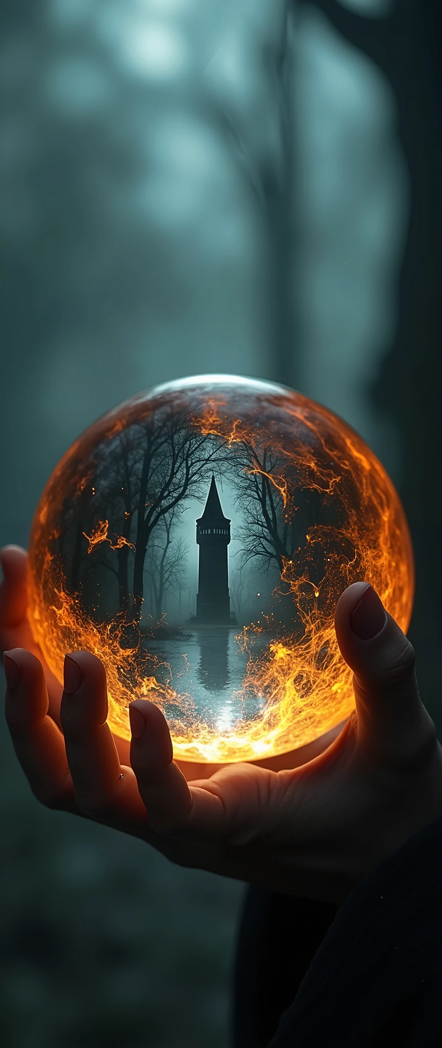 Super close up of a huge flaming crystal ball ,( A dark tower shrouded in deep fog is dramatically reflected inside the crystal ball:2.0),(The Old Wizard's Room ), fantasy world ,( A wizard woman is putting her hands on a crystal ball:2.0)