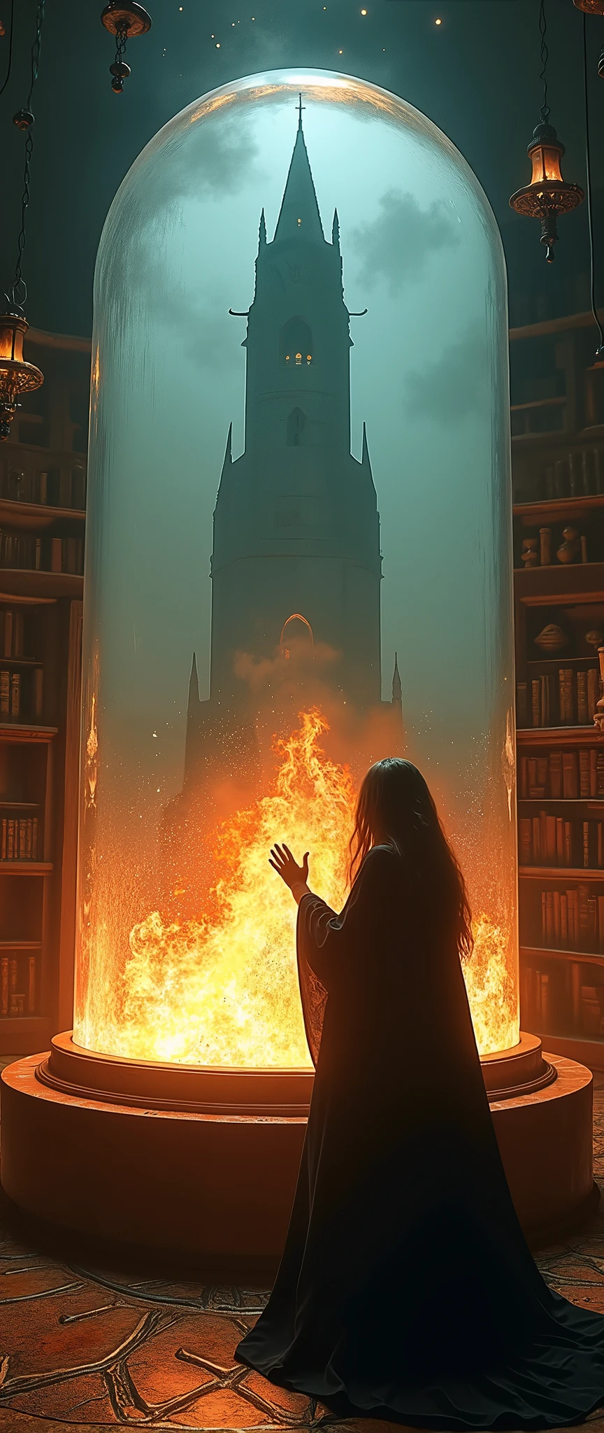 Super close up of a huge flaming crystal ball ,( A dark tower shrouded in deep fog is dramatically reflected inside the crystal ball:2.0),(The Old Wizard's Room ), fantasy world ,( A wizard woman is putting her hands on a crystal ball:2.0)