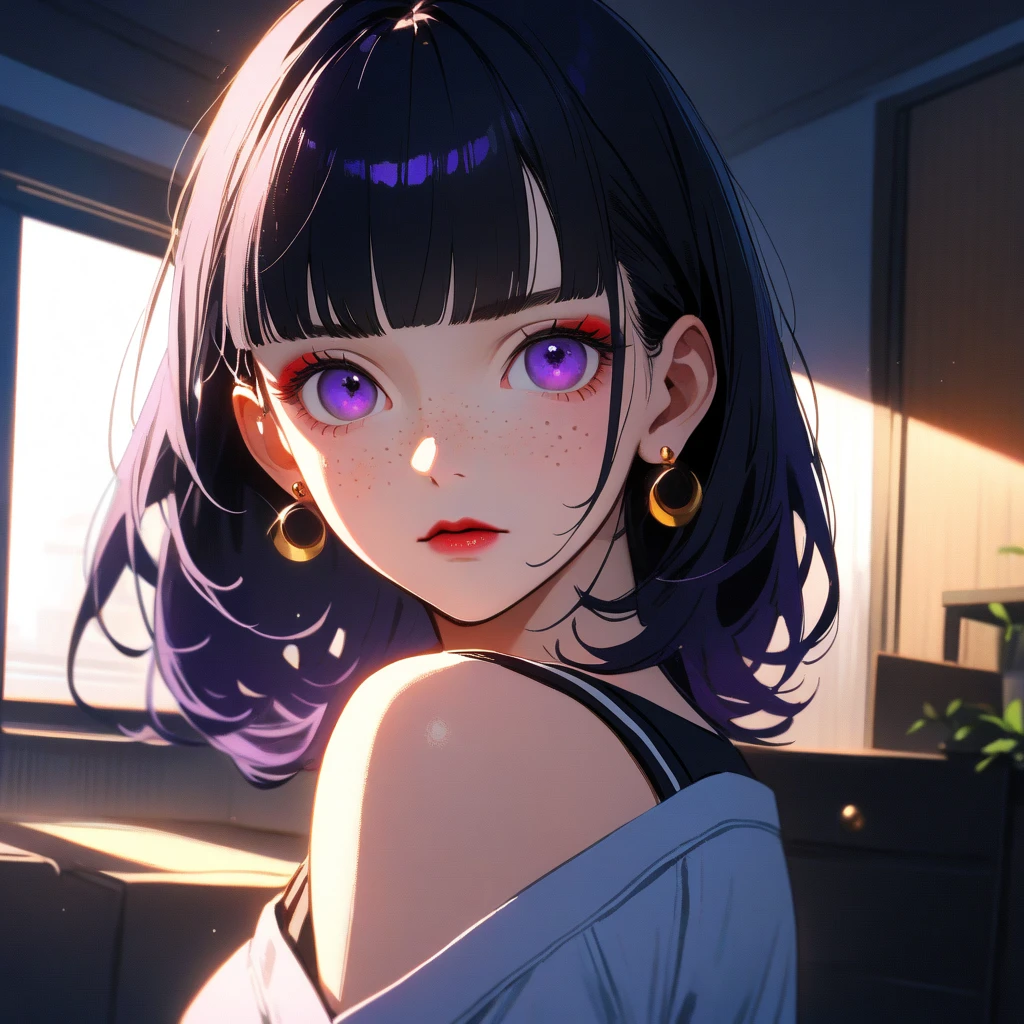 1 robot girl, Japanese, 4k, robotic limbs, 24 years old, soft skin, texturized skin, long whavy black hair with bangs, purple eyes, shining red lips, natural makeup, freckles, round gold earings, emotionless face, in a apartment, morning lighting, bright colors, looking directly to the viewer, shoulders up.