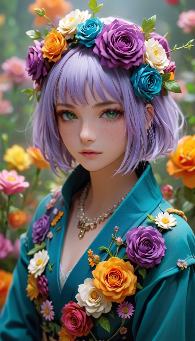 I want a photo of a pixar fun emotion, lilac with flowers and calm