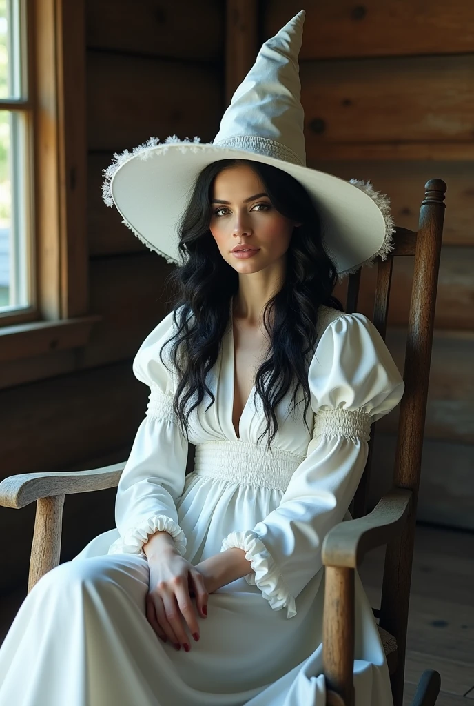 robust woman, blackquality hair, Eyes red, giant white hat, white gown, big breasts, big ass, busty, phantom aura