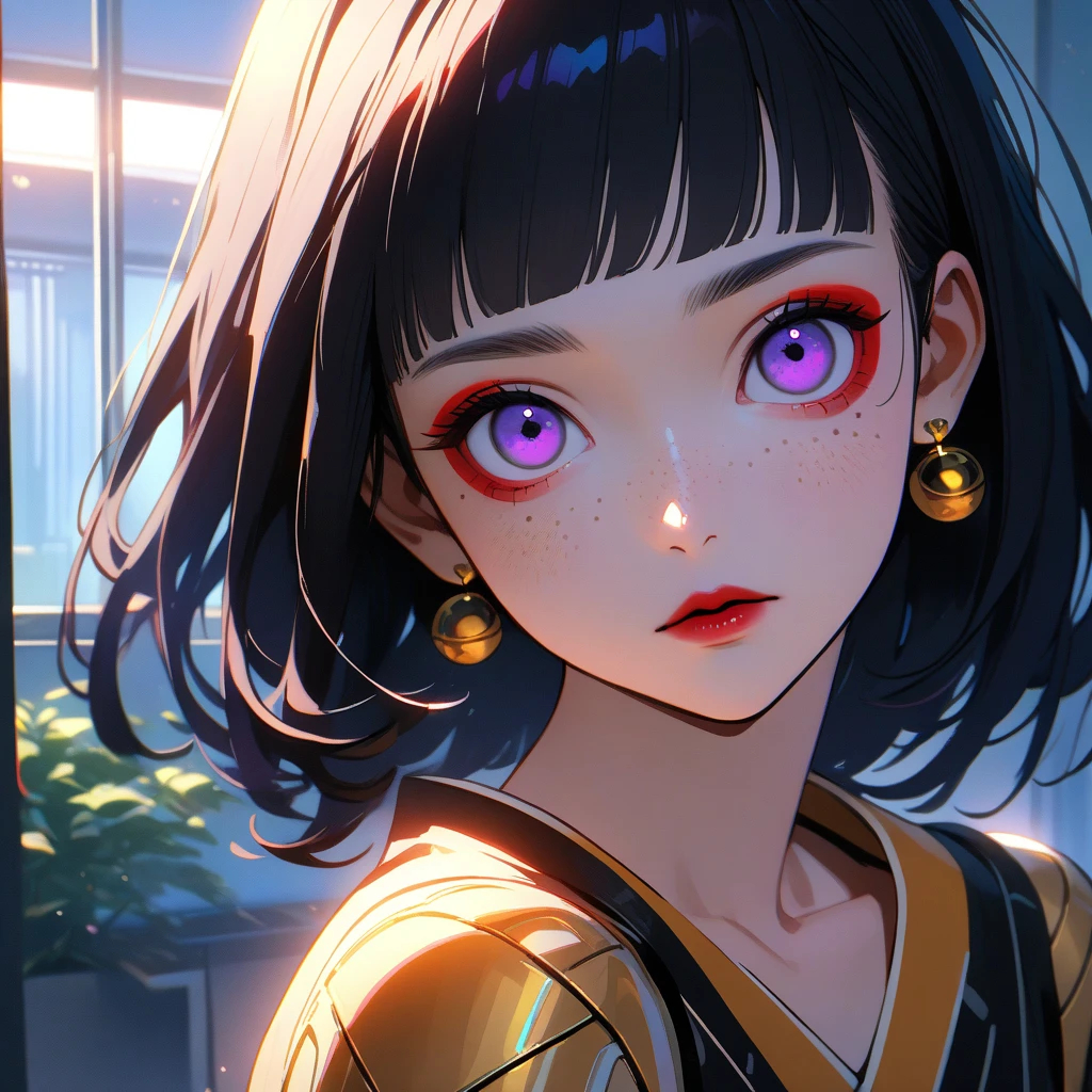 1 robot girl, Japanese, 4k, robotic limbs, soft skin, texturized skin, long whavy black hair with bangs, robotic purple eyes, shining red lips, natural makeup, freckles, round gold earings, emotionless face, in a apartment, morning lighting, bright colors, looking directly to the viewer, shoulders up.