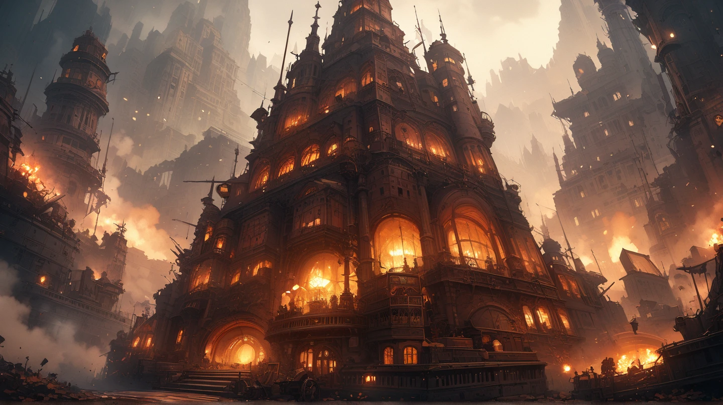 (masterpiece, best quality, very aesthetic, absurd), (8k, RAW photo, best quality), (highly detailed wallpaper), one girl, perfect body, anatomically correct, correct fingers, beautiful face, beautiful eyes, natural makeup, steampunk fantasy world,

one girl, young adventurer sitting by a campfire, mechanical details, goggles on her head, determined yet thoughtful expression, scattered machinery and pipes around, glowing embers floating in the air,

steampunk cityscape background developed around a huge tower below in the distance,

cinematic perspective, detailed textures, epic and atmospheric scene,