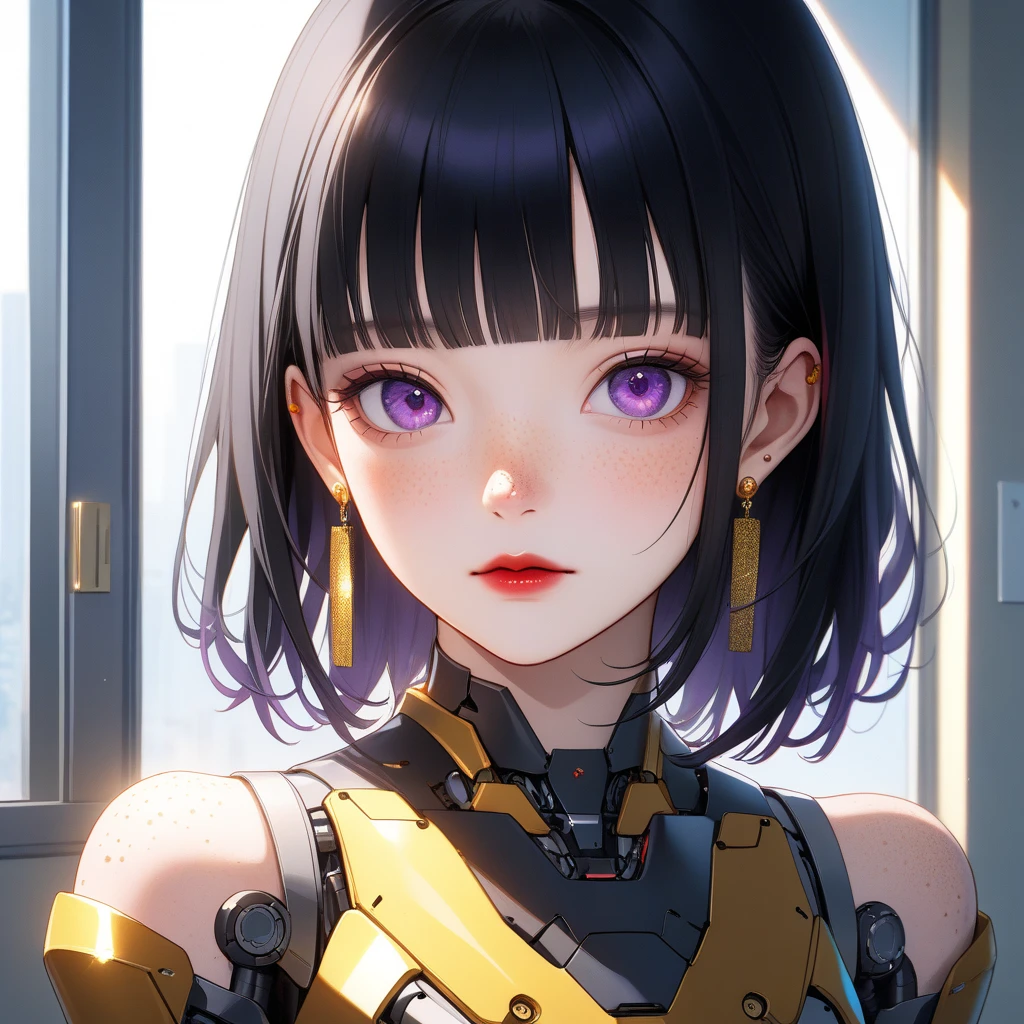 1 robot girl, Japanese, 4k, robotic limbs, soft skin, texturized skin, long whavy black hair with bangs, robotic purple eyes, shining red lips, natural makeup, freckles, round gold earings, emotionless face, in a apartment, morning lighting, bright colors, looking directly to the viewer, shoulders up.