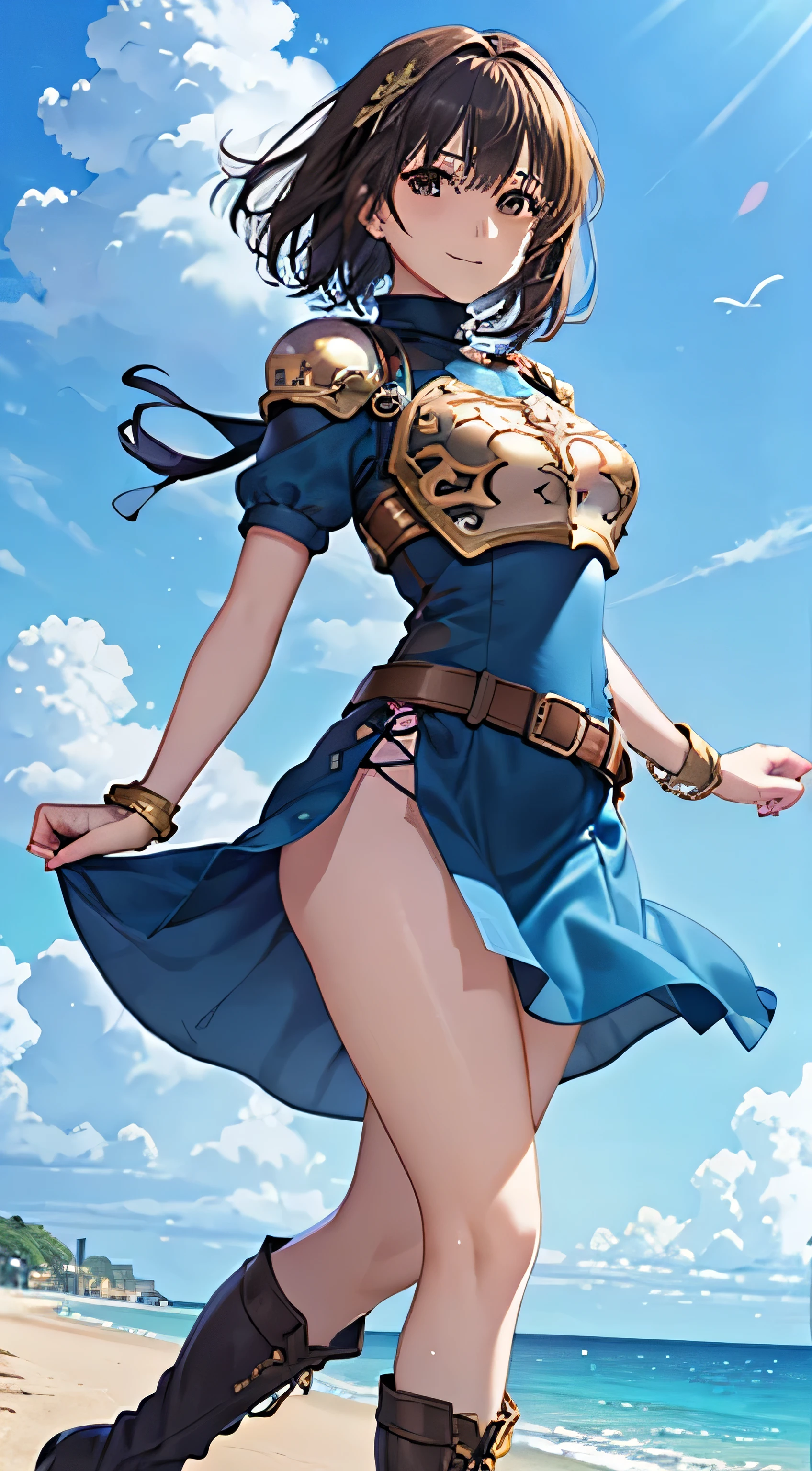 (( , top quality, , Pixel Perfect , 4K,))), 1 Woman , 、 (( short wave hair、 dark brown hair )), (( brown eyes , Beautiful eyelashes , realistic eyes)), (( detailed face , )), (( smooth texture:0.75, realistic texture:0.65, realistic :1.1, anime CG style)), small bust facing upward , dynamic angle , perfect body , (( , ,, Gold Shoulder Armor ,, Gold Breastplate, , Short Sleeve Turtleneck Blue Black Dress ,Blue Black Flare Skirt , Knee High Boots ,Arm guard , belt)), Golden Hair Ornament 、 cross necklace 、 sexy poses 、(shy cute smile ), staring upwards 、 lean forward with your butt sticking out 、 style、 the wind is blowing 、 hold the skirt with your hands、Sexy red black lace panties are visible、Show your ass、、、、、)、 Beach with a view of the castle 、 beautiful ocean、、