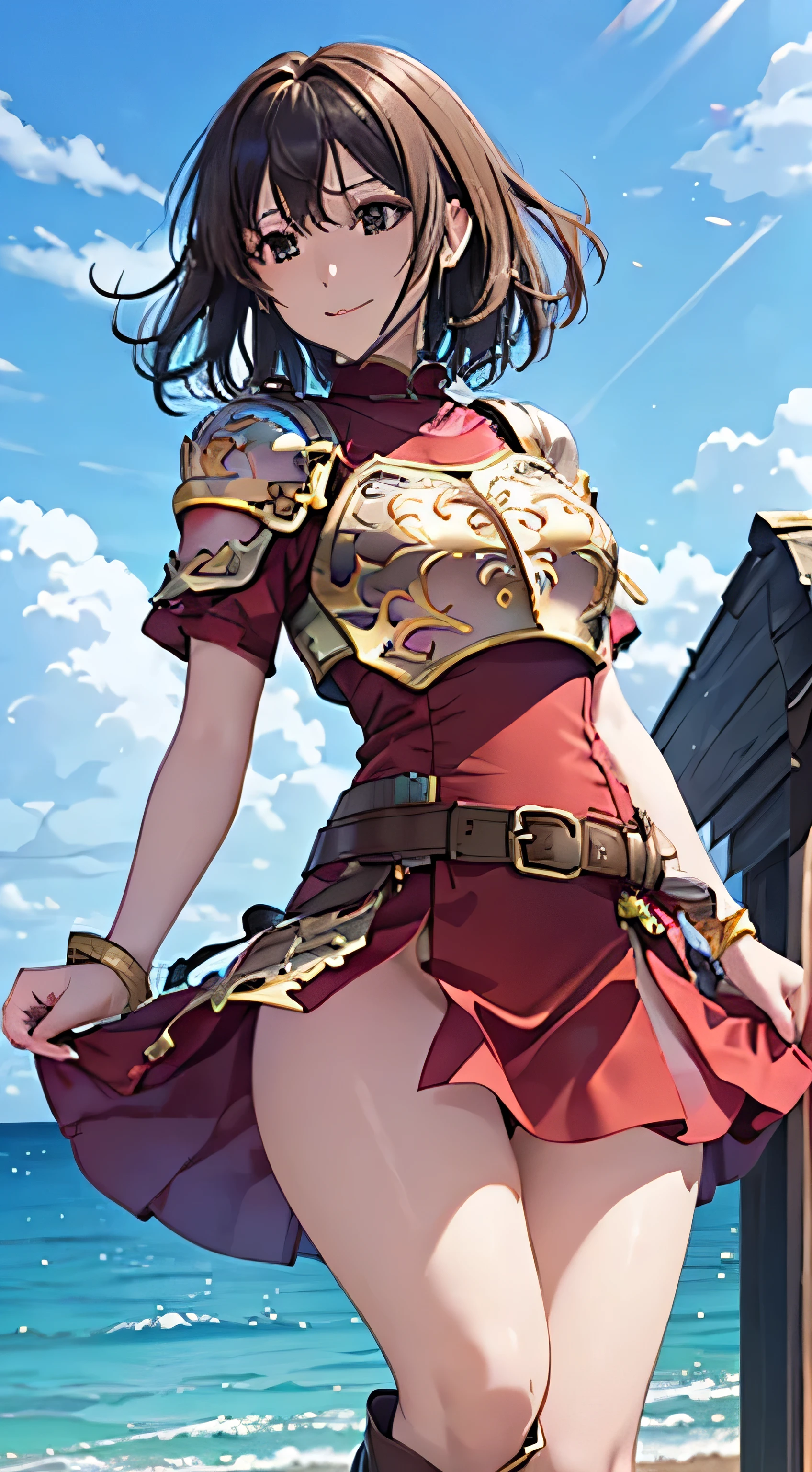 (( , top quality, , Pixel Perfect , 4K,))), 1 Woman , 、 (( short wave hair、 dark brown hair )), (( brown eyes , Beautiful eyelashes , realistic eyes)), (( detailed face , )), (( smooth texture:0.75, realistic texture:0.65, realistic :1.1, anime CG style)), small bust facing upward , dynamic angle , perfect body , (( , ,, Gold Shoulder Armor ,, Gold Breastplate, , white blue dress , blue flare skirt , Knee High Boots ,Arm guard , belt)), Golden Hair Ornament 、 cross necklace 、 sexy poses 、 ( very cute smile, Bright red face、 staring upwards 、( style lift up the skirt)、 the wind is blowing 、Sexy black lace panties 、、、、、)、 Beach with a view of the castle 、 beautiful ocean、、