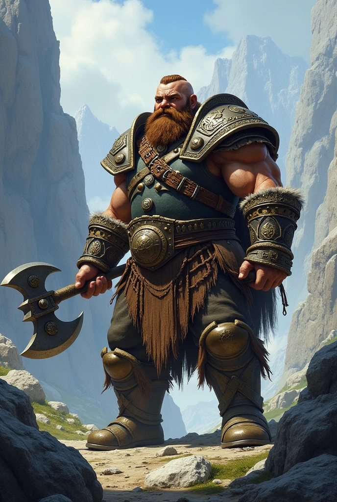 dwarf, gordo, forte, cabelos ruivo, olhos verde de baixa estatura, barbarian with big ax in hands