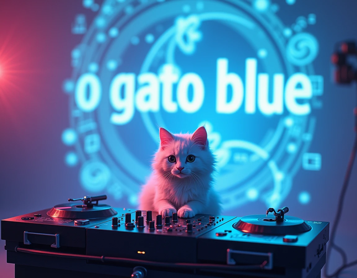 リアルな白い子猫DJを作り、, 背景に, 巨大なホログラムで「