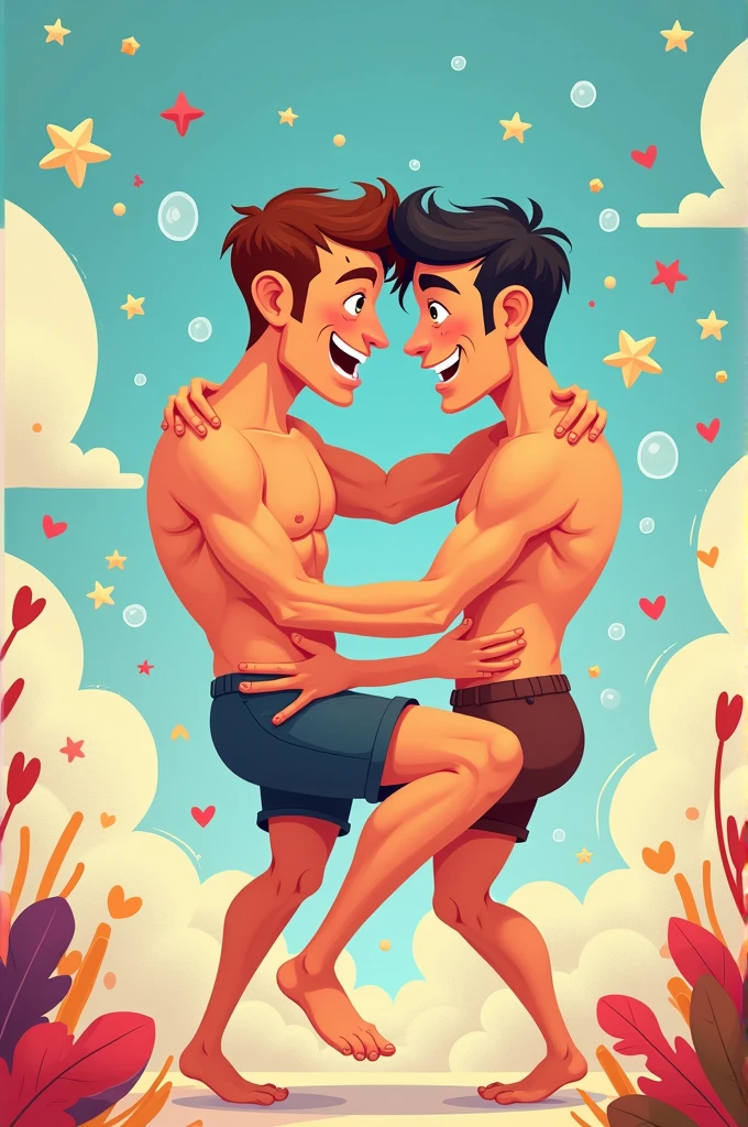 (high quality, stunning illustration), two handsome muscular men with tiny waists wearing white jockstraps, Chinese, kissing, floating into a clear blue sky while holding a bunch of balloons in one hand.