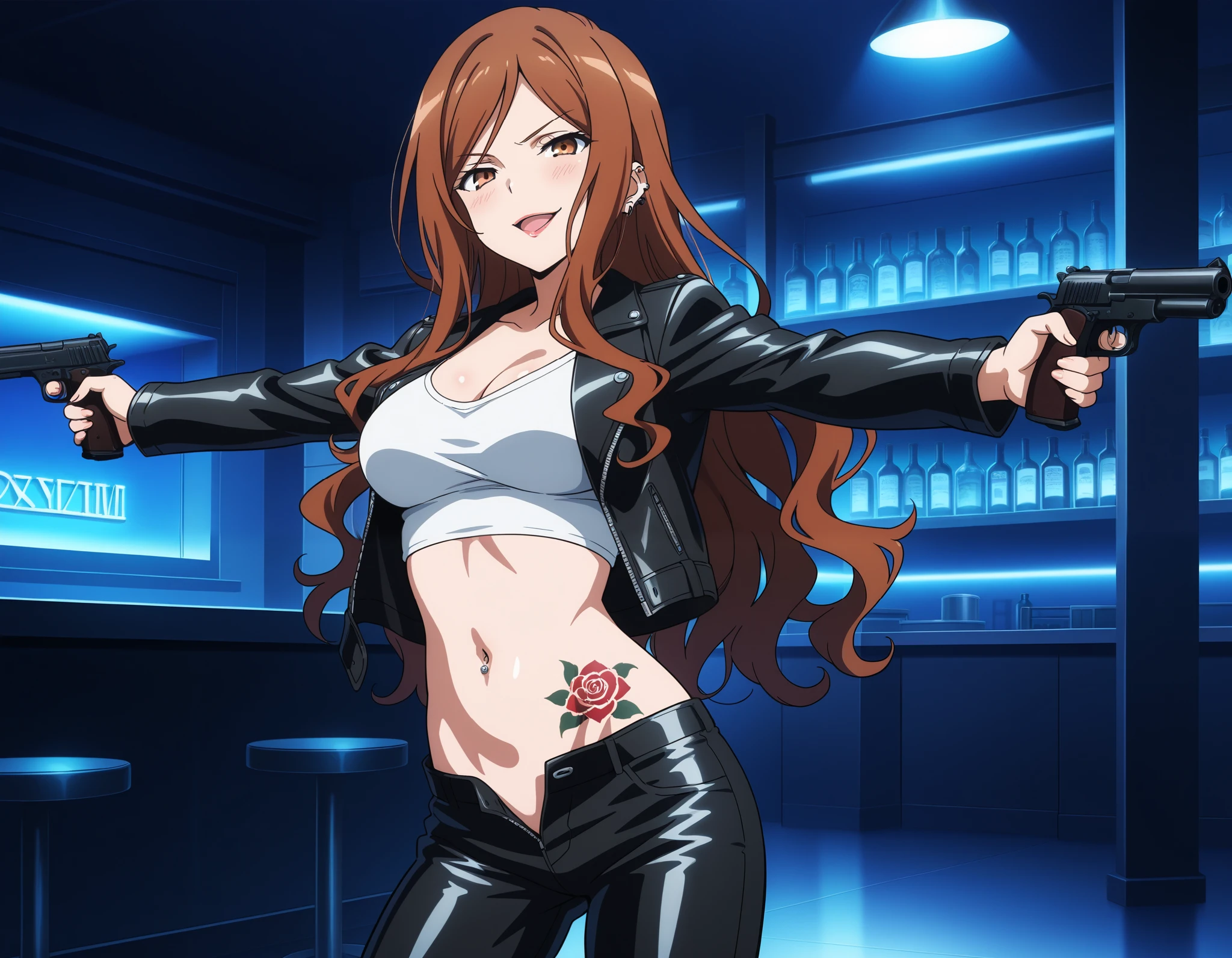 mugino shizuri, long hair, wavy hair, brown hair, brown eyes,  source_anime, medium breasts,  1girl, solo, ear piercing, long hair, blush, lipstick,Hot girl, baddie, smoking, sensual, attractive, large breasts,  , cityscape, , nightclub, , city lights,,bar background, inside bar,indoors,masterpiece, best quality, highly detailed, a girls with a gun, evil smile , open mouth, sexy gaze, badass
pose , evil smile, smile, (nsfw) not safe for work, guns blazing, anime girl with long hair, beautiful long
haired girl, navel, evil expression, exposed belly, exposed navel, exposed midriff, exposed lower belly,
long black pants, crop top, cleavage, unbuttoned leather pants ,open fly, low rise black leather pants,
leather jacket, holding a gun, holding pistol, navel piercing , cleavage, unbuttoned shirt,shirt, knot,,,dragon tattoo, tattoo on body, tattoo midriff, rose tattoo, shiny skin, open arms sideway, arms T-pose, smirk, standing, anime girl T posing