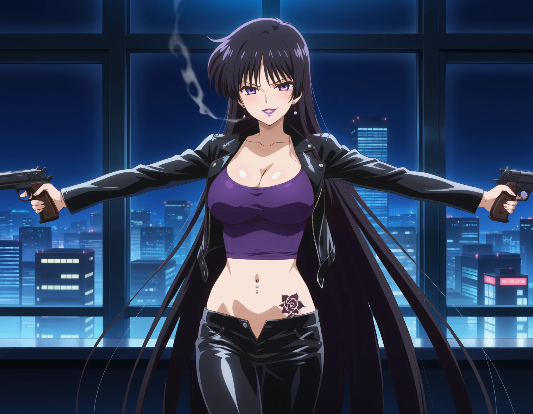 mistress 9, absurdly long hair, black hair, bangs, purple eyes, makeup, purple lips, earrings,  jewelry, pearl (gemstone), source_anime,medium breasts, ear piercing, long hair, blush, lipstick,Hot girl, baddie, smoking, sensual, attractive, large breasts,  , cityscape, , nightclub, , city lights,,bar background, inside bar,indoors,masterpiece, best quality, highly detailed, a girls with a gun, evil smile , open mouth, sexy gaze, badass
pose , evil smile, smile, (nsfw) not safe for work, guns blazing, anime girl with long hair, beautiful long
haired girl, navel, evil expression, exposed belly, exposed navel, exposed midriff, exposed lower belly,
long black pants, crop top, cleavage, unbuttoned leather pants ,open fly, low rise black leather pants,
leather jacket, holding a gun, holding pistol, navel piercing , cleavage, unbuttoned shirt,shirt, knot,,,dragon tattoo, tattoo on body, tattoo midriff, rose tattoo, shiny skin, open arms sideway, arms T-pose, smirk, standing, anime girl T posing