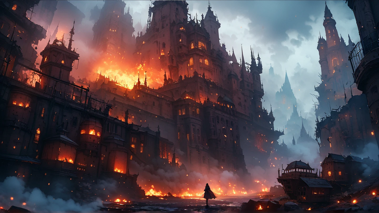 a painting of a dragon attacking a city with a huge fire coming out of it's chimneys, a detailed matte painting, Donato Giancola, fantasy art, matte fantasy painting, 6+boys, aircraft, architecture, breathing_fire, building, burning, castle, charizard, city, cityscape, cloud, dragon, explosion, fire, flame, flying, gun, molten_rock, mountain, orange_sky, scenery, sky, sunset, tower, town, twilight, volcano, weapon, wings