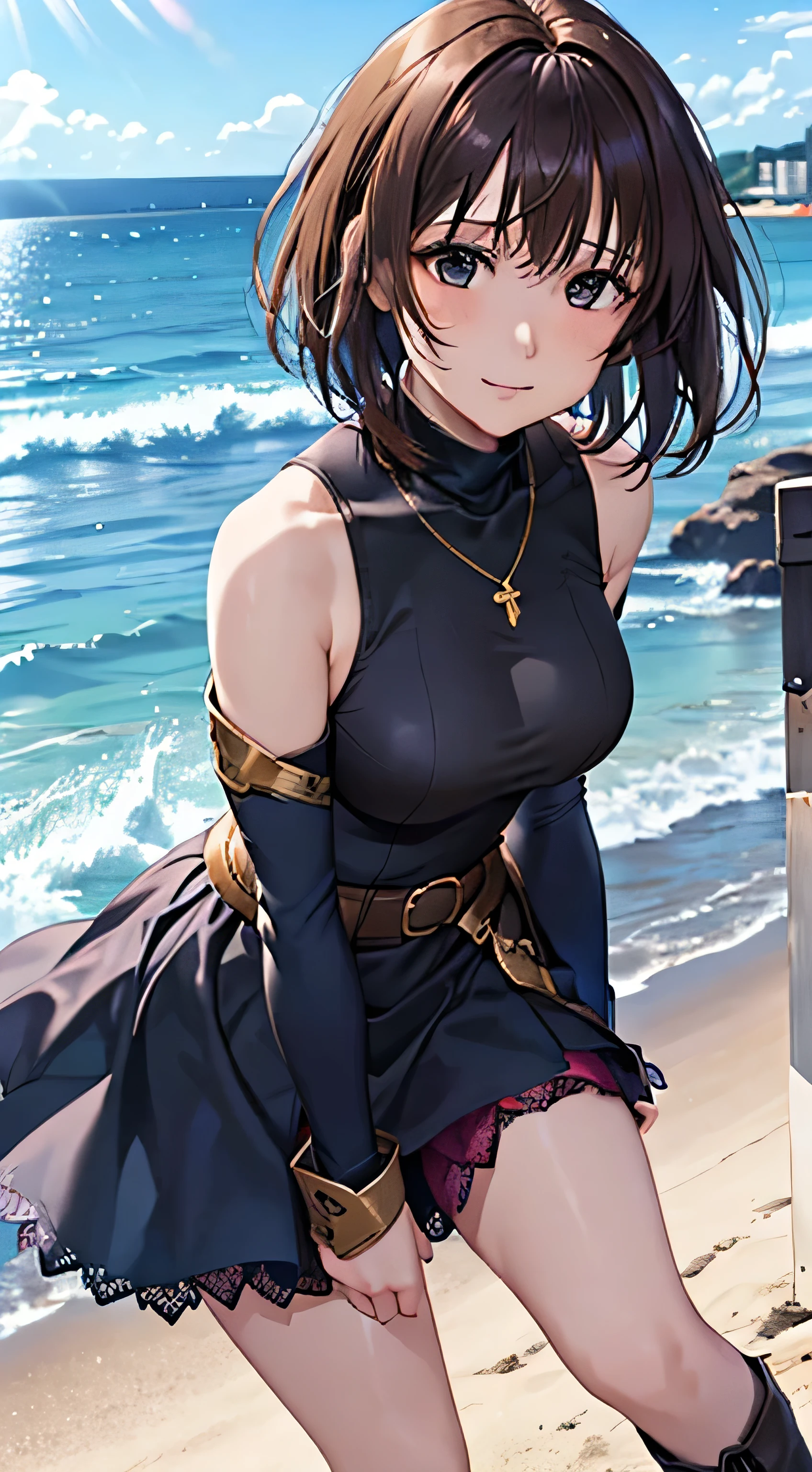 (( ,  top quality,  ,   Pixel Perfect , 4K,))),  1 Woman , 、 (( short wave hair、 dark brown hair )), ((  brown eyes ,   Beautiful eyelashes ,  realistic  eyes)), ((   detailed face   , )), ((  smooth texture:0.75,  realistic  texture:0.65,  realistic :1.1,   anime CG style)),   small bust facing upward ,   dynamic angle ,   perfect body , (( , ,, Gold Shoulder Armor  ,, Gold Breastplate, ,  Turtleneck Dark Blue and Black Dress   ,Dark Blue and Black Flare Skirt   ,   Knee High Boots ,Arm guard , belt)), Golden Hair Ornament  、  cross necklace  、 Sexy Provocative Poses 、(Shy and bright red face 、 very cute smile),  staring upwards 、 lean forward、 (( style lift up the skirt))、 the wind is blowing 、Sexy pink lace panties、、、、、)、 Beach with a view of the castle 、 beautiful ocean、、