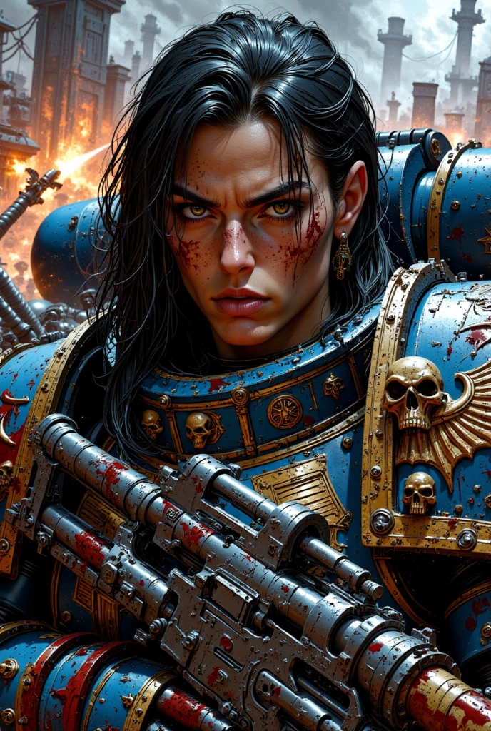 hyper-realistic, cinematic image of a male Warhammer 40,000 Ultramarine Space Marine with black hair, his helmet removed, revealing his rugged, blood-smeared face. His expression is one of exhaustion and relentless determination, with deep lines of fatigue, streaks of dirt, sweat, and blood running down his face. His black hair is matted to his forehead, damp with sweat and grime. Fresh cuts and bruises mark his features, and his hollow, tired eyes reflect the trauma of endless, bloody combat.

He is clad in his iconic blue and gold Ultramarine power armor, now severely damaged and drenched in blood—both his own and that of his enemies. Large gashes and scorched marks cover the armor, while shattered purity seals flutter in the smoke-filled air. His armored gauntlet grips a bolter, still firing, with the muzzle flash illuminating his war-torn face. Blood drips from his armor, pooling at his feet, where shattered Necron s lie in twisted, metallic heaps.

The environment is one of pure, chaotic carnage. Surrounding the Ultramarine are countless Necrons, their skeletal, metallic forms glowing ominously green. Some Necrons are mid-attack, firing their gauss weapons with beams of green energy ripping through the air, scorching the ground and dismembering fallen Space Marines. Others are violently disintegrating—explosions tear through their bodies, sending glowing shards and green, crackling energy into the air. The ground is soaked in blood, both human and alien, and littered with severed limbs, broken weapons, and smoking debris.

The background is alive with dynamic violence—a brutal battle unfolding. Explosions erupt in fiery bursts, casting an orange glow over the carnage, while bolts of plasma, energy beams, and flying debris streak across the scene. Ash, smoke, and embers fill the air, creating a suffocating atmosphere of war. The camera captures the chaotic motion: smoke curling from the bolter, spent shells flying, and blood splattering in all directions a