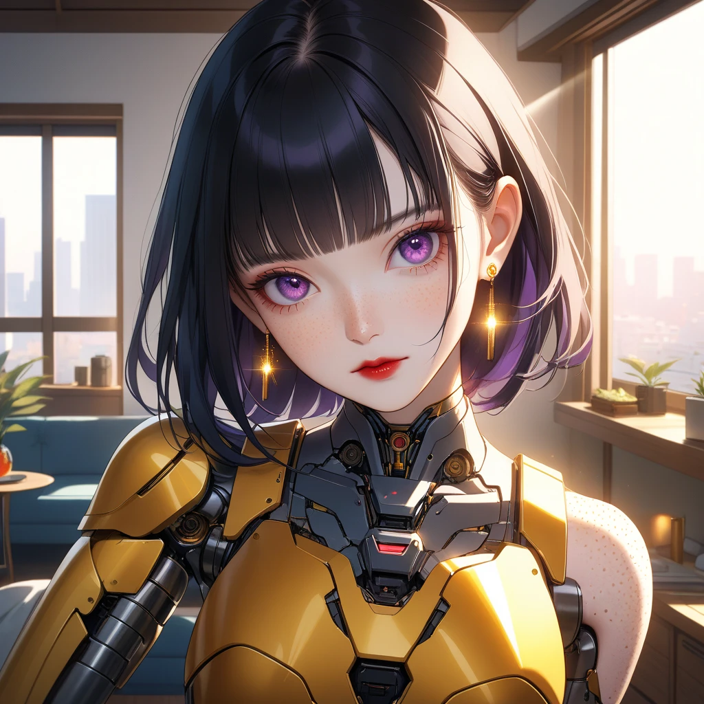 1 robot woman, Japanese, 4k, robotic limbs, soft skin, texturized skin, very long whavy black hair with bangs, robotic purple eyes, shining red lips, natural makeup, freckles, round gold earings, emotionless face, in a apartment, morning lighting, bright colors, looking directly to the viewer, shoulders up.