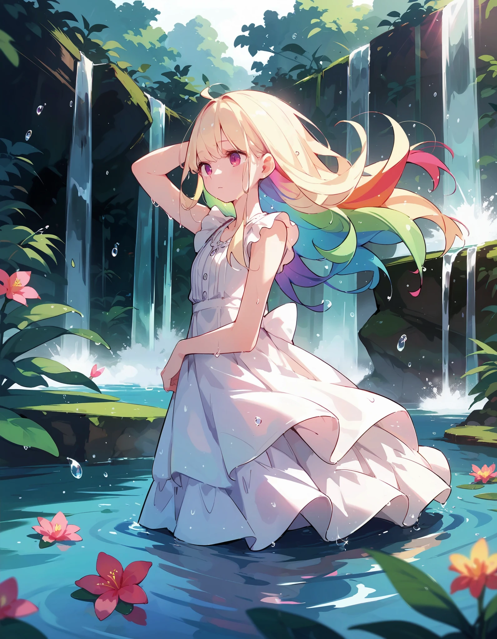  score_9,score_8_up,score_7_up,source_anime,paradise,waterfall,water drop, bangs,long hair,blonde,rainbow hair, simple dress, wet, see-through