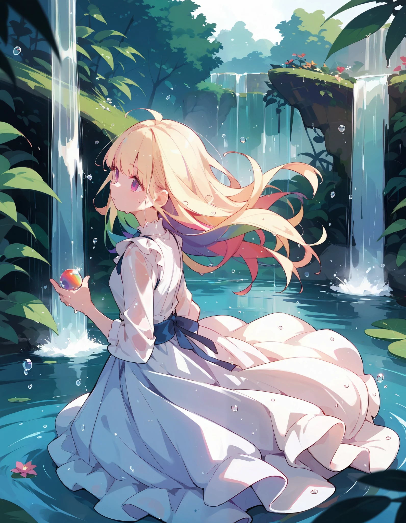  score_9,score_8_up,score_7_up,source_anime,paradise,waterfall,water drop, bangs,long hair,blonde,rainbow hair, simple dress, wet