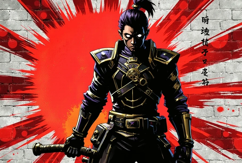 Create an urban art graffiti-style illustration featuring a dynamic samurai warrior standing in a striking pose against the backdrop of a rising sun motif. The composition emphasizes bold contrasts with a predominantly black and red color palette. The background is a textured brick wall, with the rising sun painted in bold, expressive brushstrokes.  

The samurai is highly detailed, with sharp lines, defined shadows, and intricate armor elements. Incorporate effects of dripping ink and spray paint for an edgy, modern aesthetic. Use dramatic lighting to highlight the warrior, creating a sense of intensity and motion.