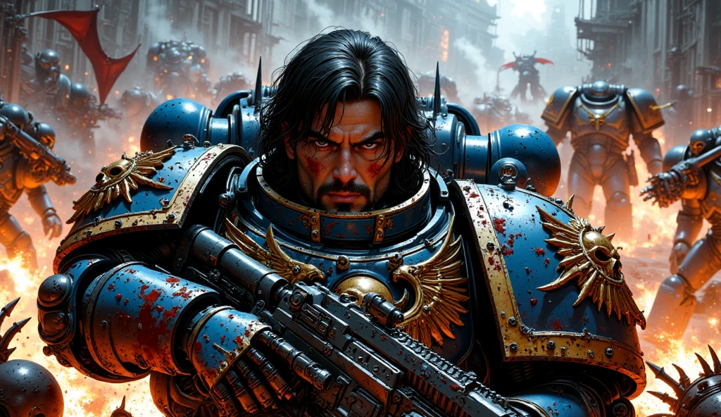 hyper-realistic, cinematic image of a male Warhammer 40,000 Ultramarine Space Marine with black hair, his helmet removed, revealing his rugged, blood-smeared face. His expression is one of exhaustion and relentless determination, with deep lines of fatigue, streaks of dirt, sweat, and blood running down his face. His black hair is matted to his forehead, damp with sweat and grime. Fresh cuts and bruises mark his features, and his hollow, tired eyes reflect the trauma of endless, bloody combat.

He is clad in his iconic blue and gold Ultramarine power armor, now severely damaged and drenched in blood—both his own and that of his enemies. Large gashes and scorched marks cover the armor, while shattered purity seals flutter in the smoke-filled air. His armored gauntlet grips a bolter, still firing, with the muzzle flash illuminating his war-torn face. Blood drips from his armor, pooling at his feet, where shattered Necron s lie in twisted, metallic heaps.

The environment is one of pure, chaotic carnage. Surrounding the Ultramarine are countless Necrons, their skeletal, metallic forms glowing ominously green. Some Necrons are mid-attack, firing their gauss weapons with beams of green energy ripping through the air, scorching the ground and dismembering fallen Space Marines. Others are violently disintegrating—explosions tear through their bodies, sending glowing shards and green, crackling energy into the air. The ground is soaked in blood, both human and alien, and littered with severed limbs, broken weapons, and smoking debris.

The background is alive with dynamic violence—a brutal battle unfolding. Explosions erupt in fiery bursts, casting an orange glow over the carnage, while bolts of plasma, energy beams, and flying debris streak across the scene. Ash, smoke, and embers fill the air, creating a suffocating atmosphere of war. The camera captures the chaotic motion: smoke curling from the bolter, spent shells flying, and blood splattering in all directions a