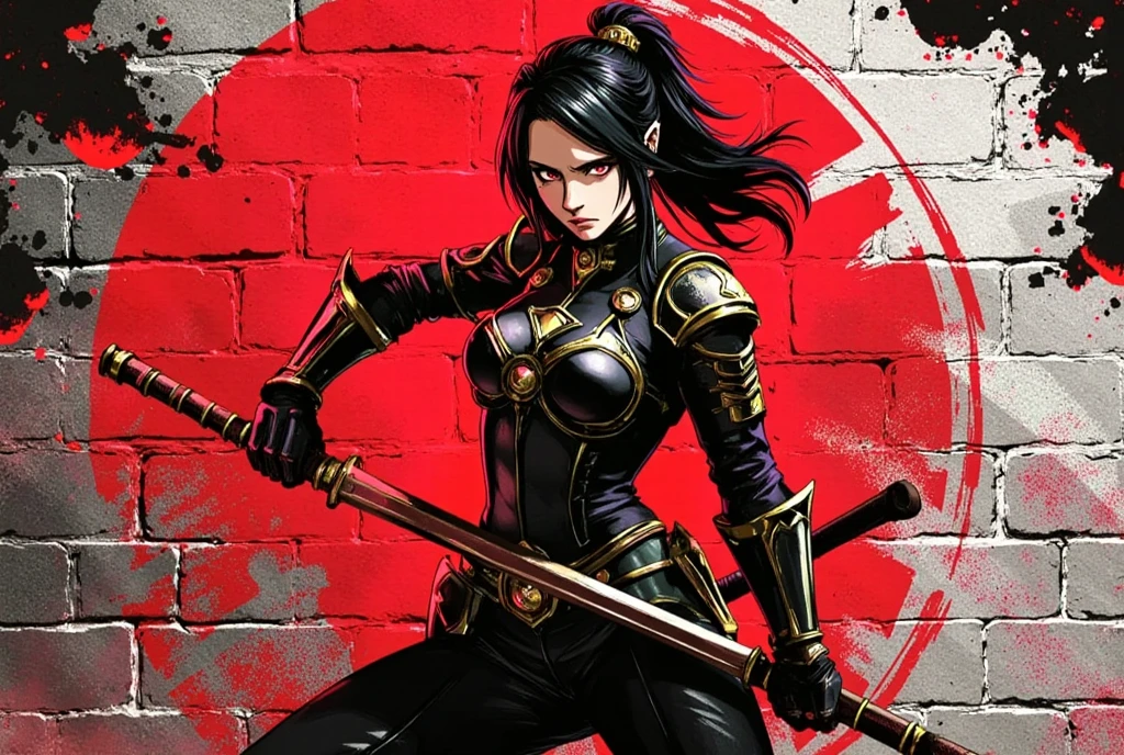 Create an urban art graffiti-style illustration featuring a dynamic samurai warrior woman standing in a striking pose against the backdrop of a rising sun motif. The composition emphasizes bold contrasts with a predominantly black and red color palette. The background is a textured brick wall, with the rising sun painted in bold, expressive brushstrokes.  

The samurai is highly detailed, with sharp lines, defined shadows, and intricate armor elements. Incorporate effects of dripping ink and spray paint for an edgy, modern aesthetic. Use dramatic lighting to highlight the warrior, creating a sense of intensity and motion.