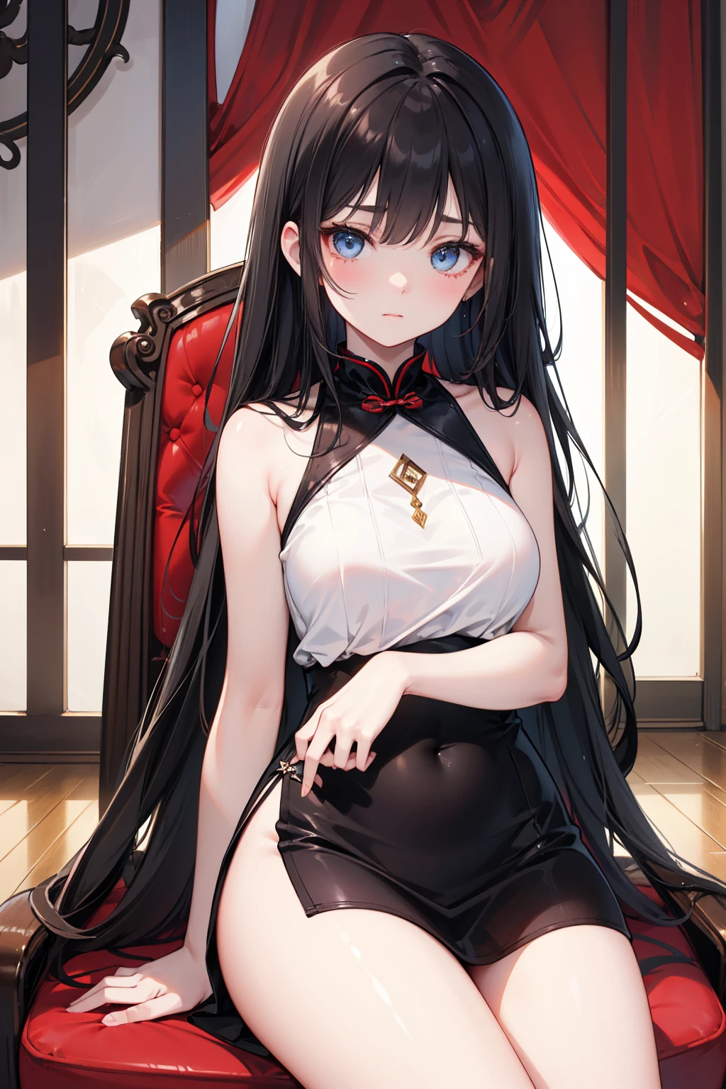 1 girl、Cat ear,Black long hair, Charming red eyes, Radiant Skin,red lips,pure white lace wedding dress,Slim,Large Breasts,Facial details are very detailed, handcuffs,Collar,church,