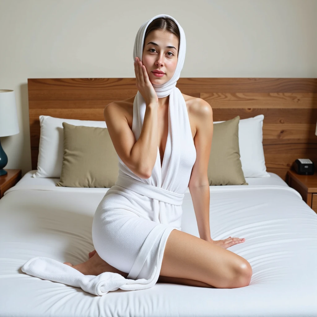 Woman wrapped in a towel sitting on a bed, posing in a bedroom , sitting on a bed, posing in bed , Sitting on the bed, sitting on her bed, while posing on the same bed , sitting on the edge of the bed, very sexy pose, 18 years old, sexy look at the camera, sexy girl, very seductive pose, Angelawhite, naked, best quality, perfect body, cute, cute smile, hand on his cheek , wet hair , only Wrap a towel around her body , full quality photo (1024,1024), 8k
