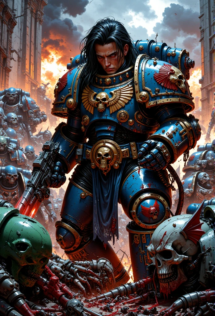 hyper-realistic, cinematic image of a male Warhammer 40,000 Ultramarine Space Marine with black hair, his helmet removed, revealing his rugged, blood-smeared face. His expression is one of exhaustion and relentless determination, with deep lines of fatigue, streaks of dirt, sweat, and blood running down his face. His black hair is matted to his forehead, damp with sweat and grime. Fresh cuts and bruises mark his features, and his hollow, tired eyes reflect the trauma of endless, bloody combat.

He is clad in his iconic blue and gold Ultramarine power armor, now severely damaged and drenched in blood—both his own and that of his enemies. Large gashes and scorched marks cover the armor, while shattered purity seals flutter in the smoke-filled air. His armored gauntlet grips a bolter, still firing, with the muzzle flash illuminating his war-torn face. Blood drips from his armor, pooling at his feet, where shattered Necron s lie in twisted, metallic heaps.

The environment is one of pure, chaotic carnage. Surrounding the Ultramarine are countless Necrons, their skeletal, metallic forms glowing ominously green. Some Necrons are mid-attack, firing their gauss weapons with beams of green energy ripping through the air, scorching the ground and dismembering fallen Space Marines. Others are violently disintegrating—explosions tear through their bodies, sending glowing shards and green, crackling energy into the air. The ground is soaked in blood, both human and alien, and littered with severed limbs, broken weapons, and smoking debris.

The background is alive with dynamic violence—a brutal battle unfolding. Explosions erupt in fiery bursts, casting an orange glow over the carnage, while bolts of plasma, energy beams, and flying debris streak across the scene. Ash, smoke, and embers fill the air, creating a suffocating atmosphere of war. The camera captures the chaotic motion: smoke curling from the bolter, spent shells flying, and blood splattering in all directions a