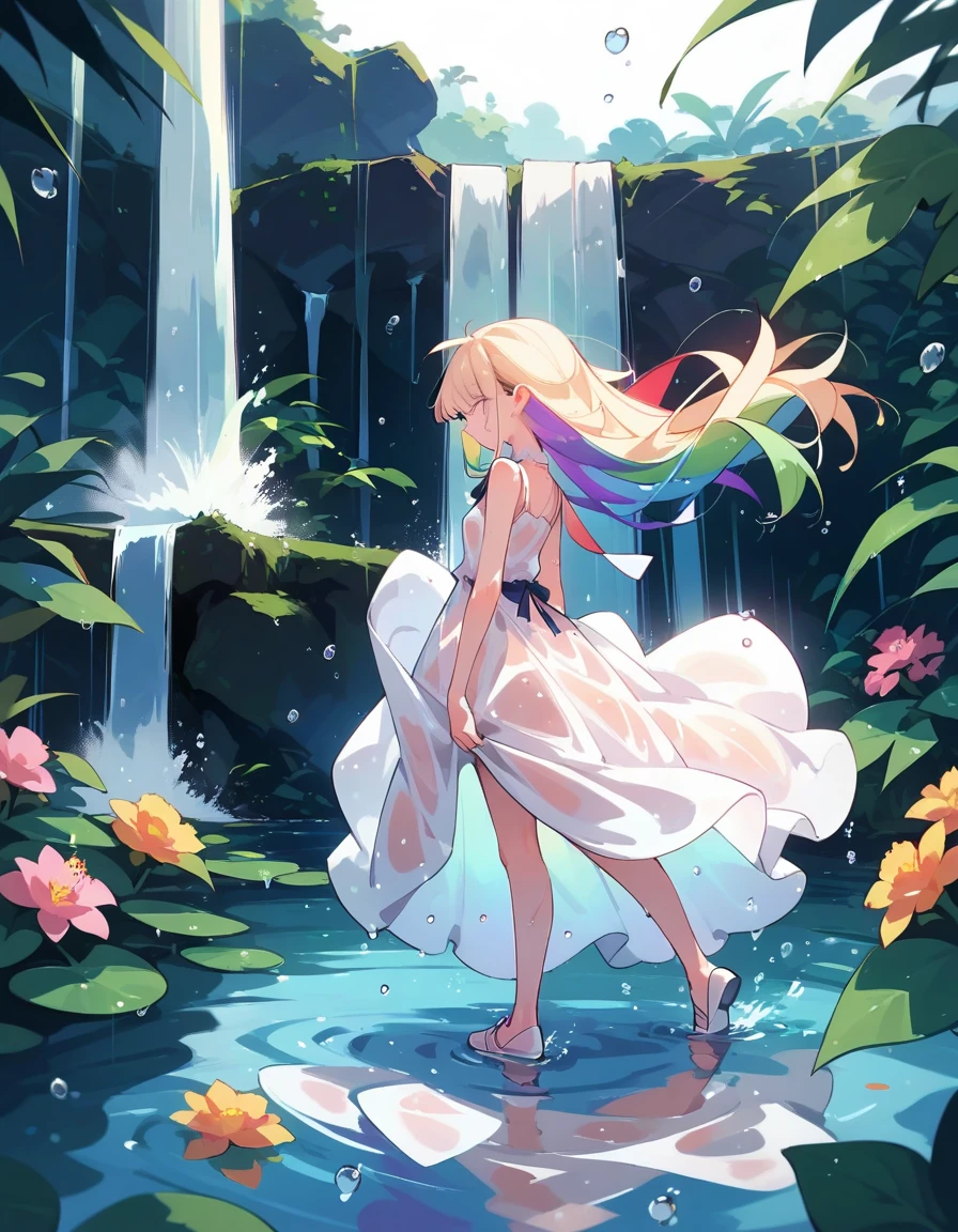  score_9,score_8_up,score_7_up,source_anime,paradise,waterfall,water drop, bangs,long hair,blonde,rainbow hair, simple dress, wet, see-through