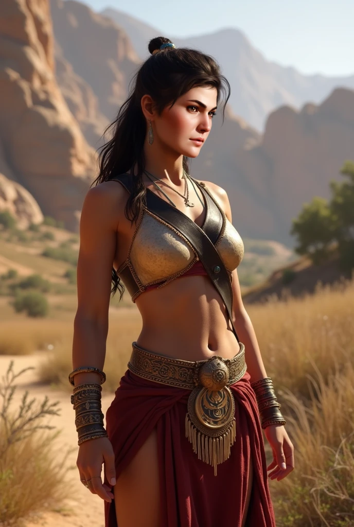 model shoot, (1 female), Islamic warrior, assassins creed, hyper realistic, super detailed, Dynamic shot, masterpiece, sharp scene details, perfect eyes, perfect skin, cleavage, medium breasts, perfect hands, fierce looking, mountains, terrain war, seductive smile, sexy, big buttocks, firm buttocks, big thighs, firm thighs, mini skirt,