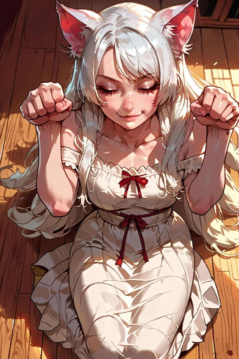  score_9,  score_8_above,  score_7_above,  score_6_above,   source  _animated, BREAK 1girl,  just blkhanekawa ,  very long hair ,  cat ears,   white dress , RED RIBBON, ( big breasts:0.6),  Sitting on the floor, aisle,  eyes closed, paw pose, Hand to face , happy,  Closed mouth 