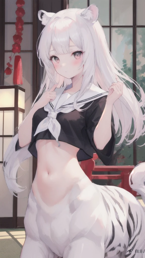 (best quality, masterpiece), 1 girl, centaur, I beg, White skin, Korean schoolgirl, ,black pink, exposing the abdomen, beautiful girl perfect, White tiger photo, 완벽한 White tiger photo