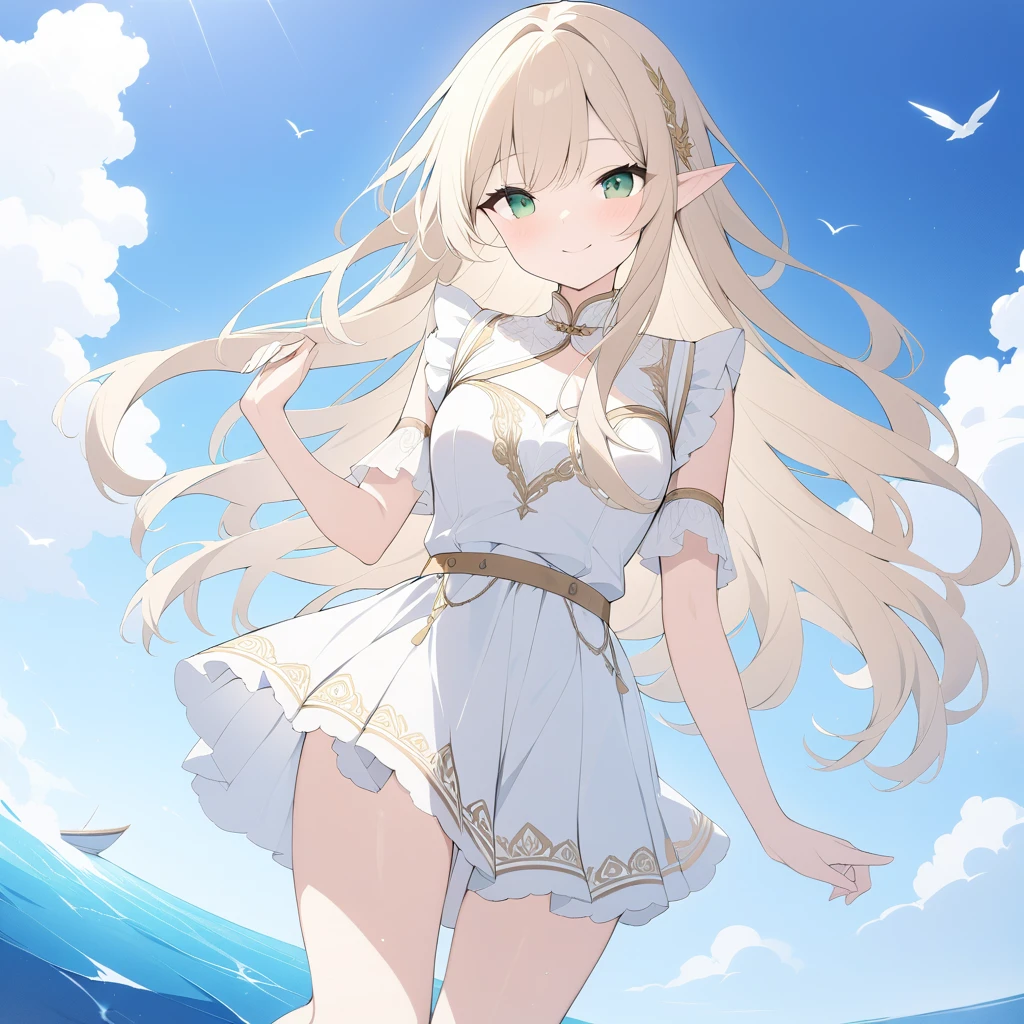 (very_wide_shot), 1girl, petite, solo, long_hair, blonde_hair, (deep_golden_eyes), white_dress, (medium_breasts), (white_pantyhose), (beautiful_detailed_blue_sky), (mountain_peak), birds, (randomly_diutributed_clouds), (white_thighhighs),((masterpiece)), (highres), (best_quality), (highly_detailed),shaded_face, depth_of_field, (Tyndall effect), (fox_ears),(halo),
(In a breathtaking mountainous landscape, a petite blonde girl with deep golden eyes stands facing away from the viewer. Her very long hair cascades down her back, and fox ears peek out from the top of her head. She wears a delicate white dress and thigh-high stockings, and a halo hovers over her head. In the distance, a beautiful church can be seen. The sky is a stunning blue, with randomly distributed clouds adding depth and dimension. Light particles dance around the girl, adding to the ethereal atmosphere.)