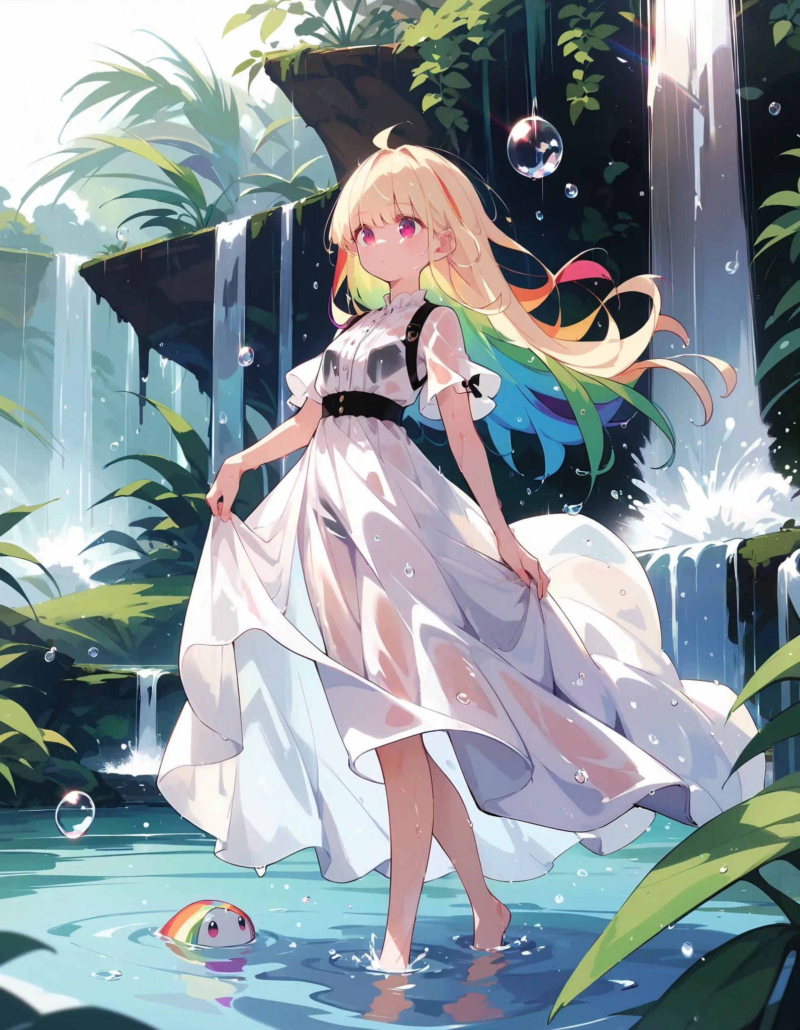  score_9,score_8_up,score_7_up,source_anime,paradise,waterfall,water drop, bangs,long hair,blonde,rainbow hair, simple dress, wet, see-through