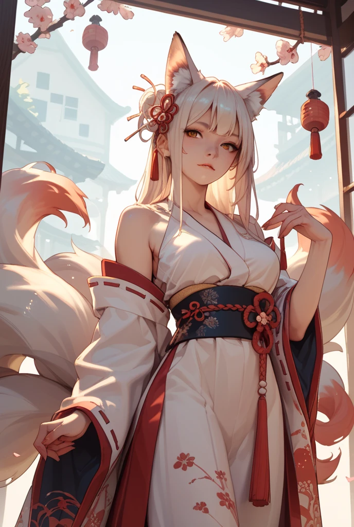 (uncensored,mosaic censoring,masterpiece,ultra-detailed,4K,8K,CG,illustration,perfect-composition,Clean skin,photographical skin,shiny skin,extra fine eyebrows,shiny hair, photographical hair,very detailed background,detailed beautiful face,paipan:1.2),(petite girl:1.5),twin tails,long hair,straight hair, ( kyuubi no kitsune,multiple tails,fox tail,fox girl:1.1),kimono,fox girl,temple,torii,smile,