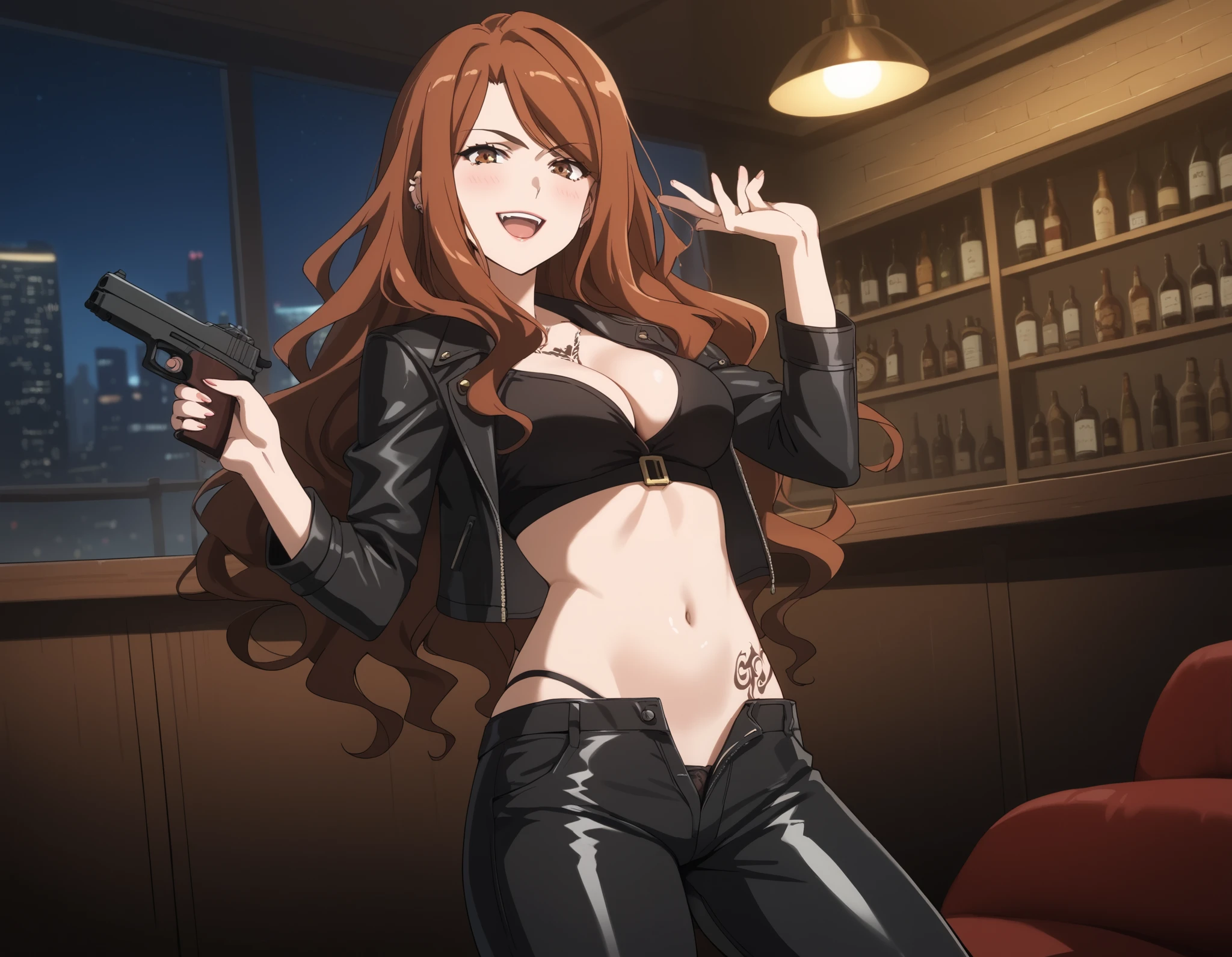 mugino shizuri, long hair, wavy hair, brown hair, brown eyes,  source_anime, medium breasts,  1girl, solo, ear piercing, long hair, blush, lipstick,Hot girl, baddie, smoking, sensual, attractive, large breasts,  , cityscape, , nightclub, , city lights,,bar background, inside bar,indoors,masterpiece, best quality, highly detailed, a girls with a gun, evil smile , open mouth, sexy gaze, badass
pose , evil smile, smile, (nsfw) not safe for work, guns blazing, anime girl with long hair, beautiful long
haired girl, navel, evil expression, exposed belly, exposed navel, exposed midriff, exposed lower belly,
long black pants, crop top, cleavage, unbuttoned leather pants ,open fly, low rise black leather pants,
leather jacket, holding a gun, holding pistol, cleavage, unbuttoned shirt,shirt, knot,,,dragon tattoo, tattoo on body, tattoo midriff, rose tattoo, shiny skin, open arms sideway, arms T-pose, smirk, standing, anime girl T posing