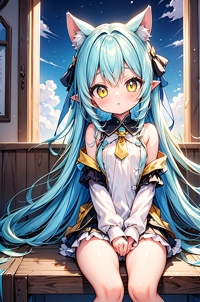 Petite Bare Girl with Long Ears, Light Blue Hair, Yellow Eyes, Sits, Open Her Legs, and Masturbates